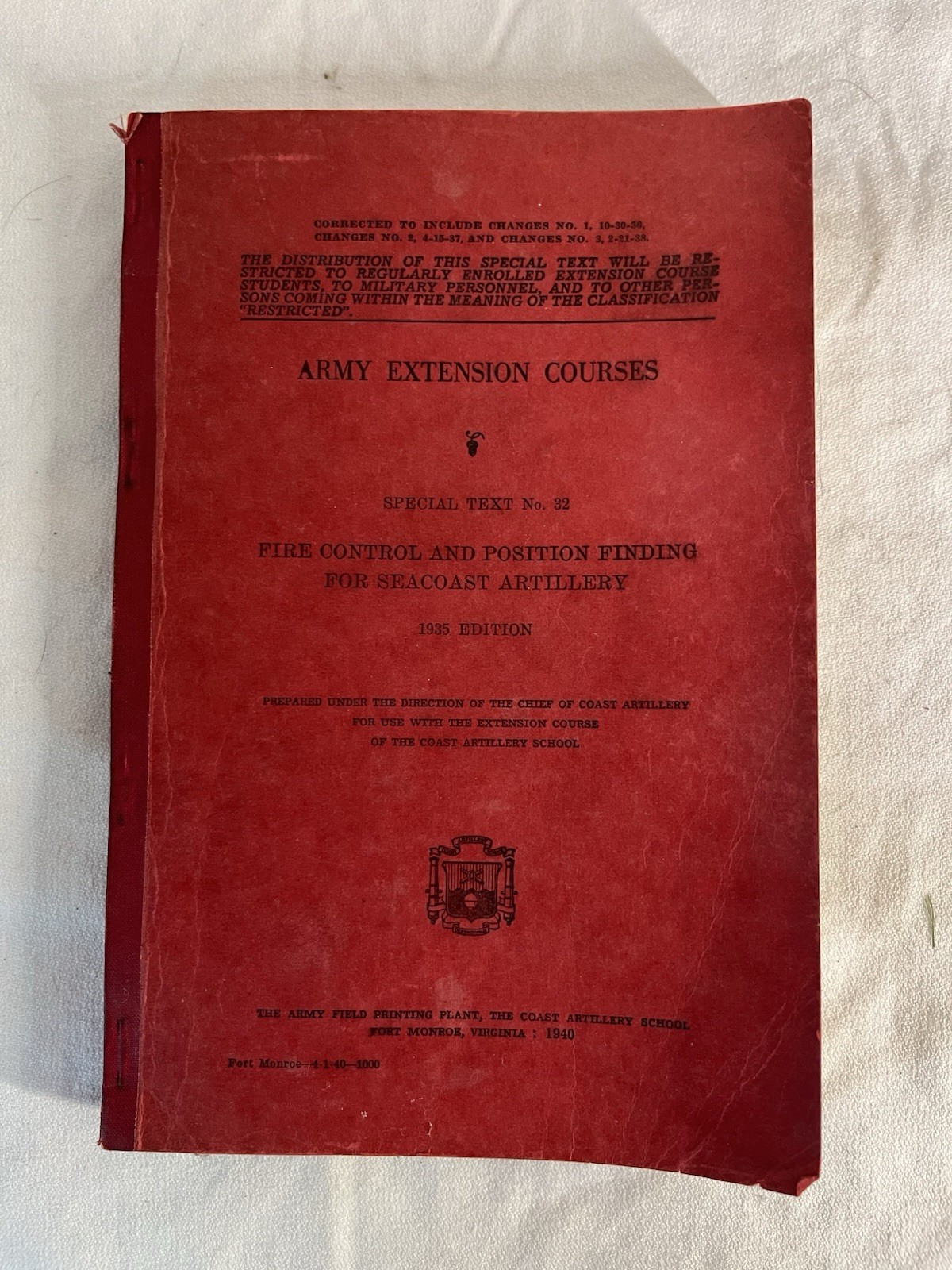 Artillery Army Extension Course Fire Control Book Position Finding Seacoast 1940
