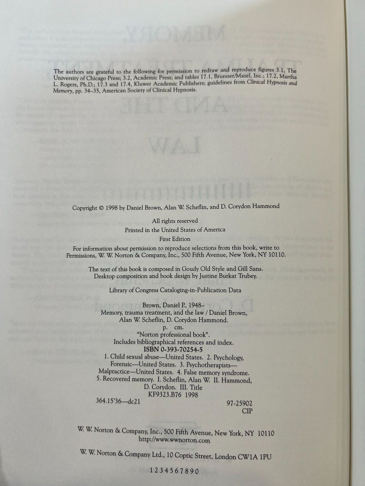 Memory, Trauma Treatment, and the Law Brown Scheflin Hammond HCDJ 1998 1st Ed
