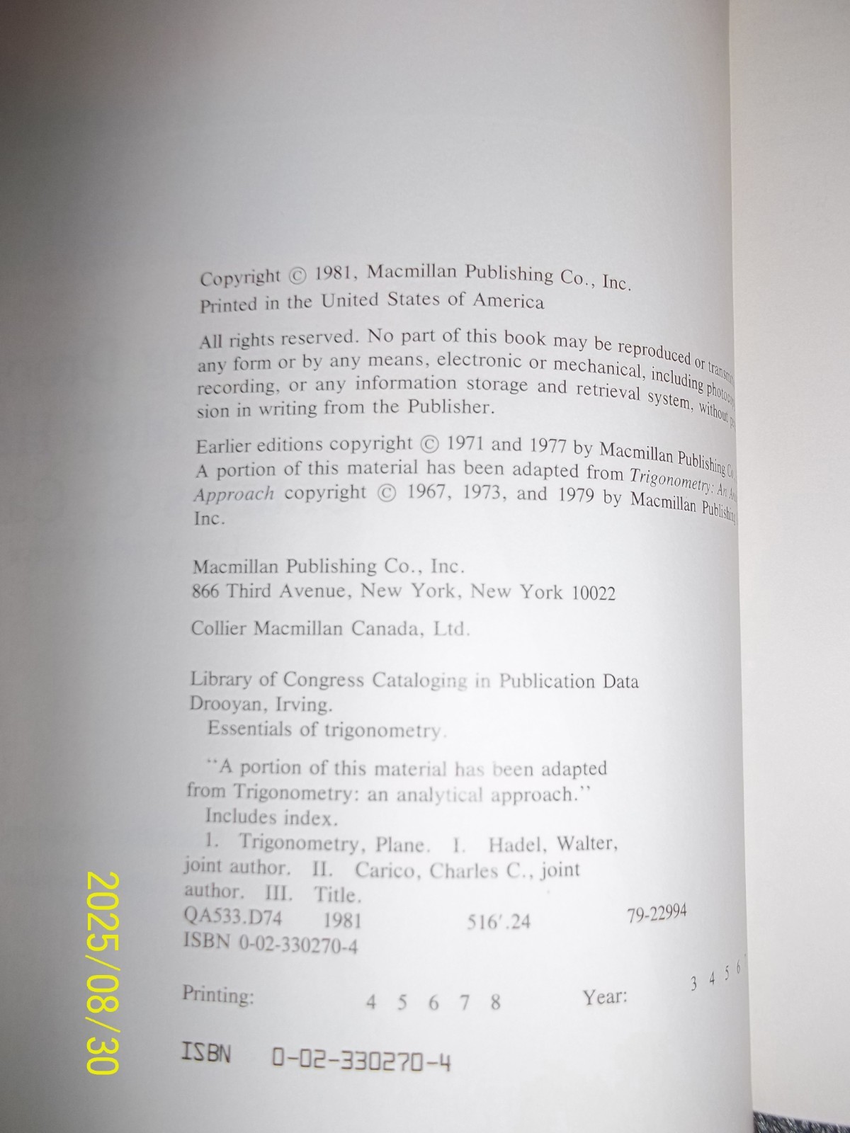 ESSENTIALS OF TRIGONOMETRY Third Edition By Irving Drooyan & Etc. – H/C 1981