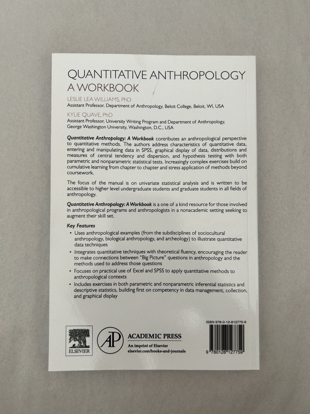Quantitative Anthropology Workbook Williams Quave 2019 SPSS Statistics Paperback