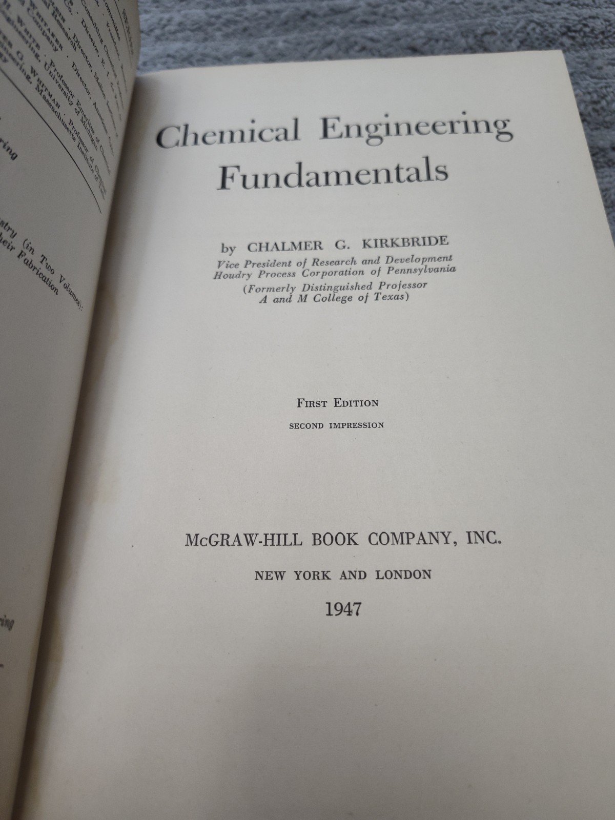 Vintage Chemical Engineering Series Fundamentals 1947 First Edition Kirkbride