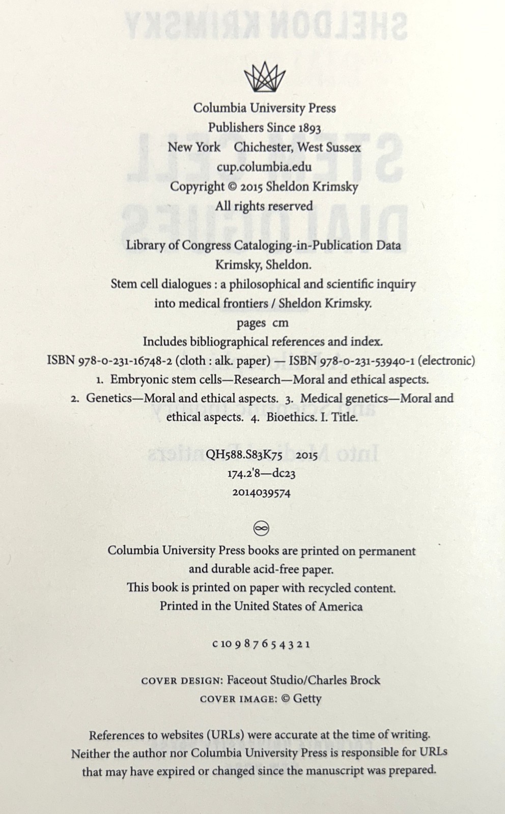 Stem Cell Dialogues: Philosophical & Scientific Inquiry by Sheldon Krimsky 2015