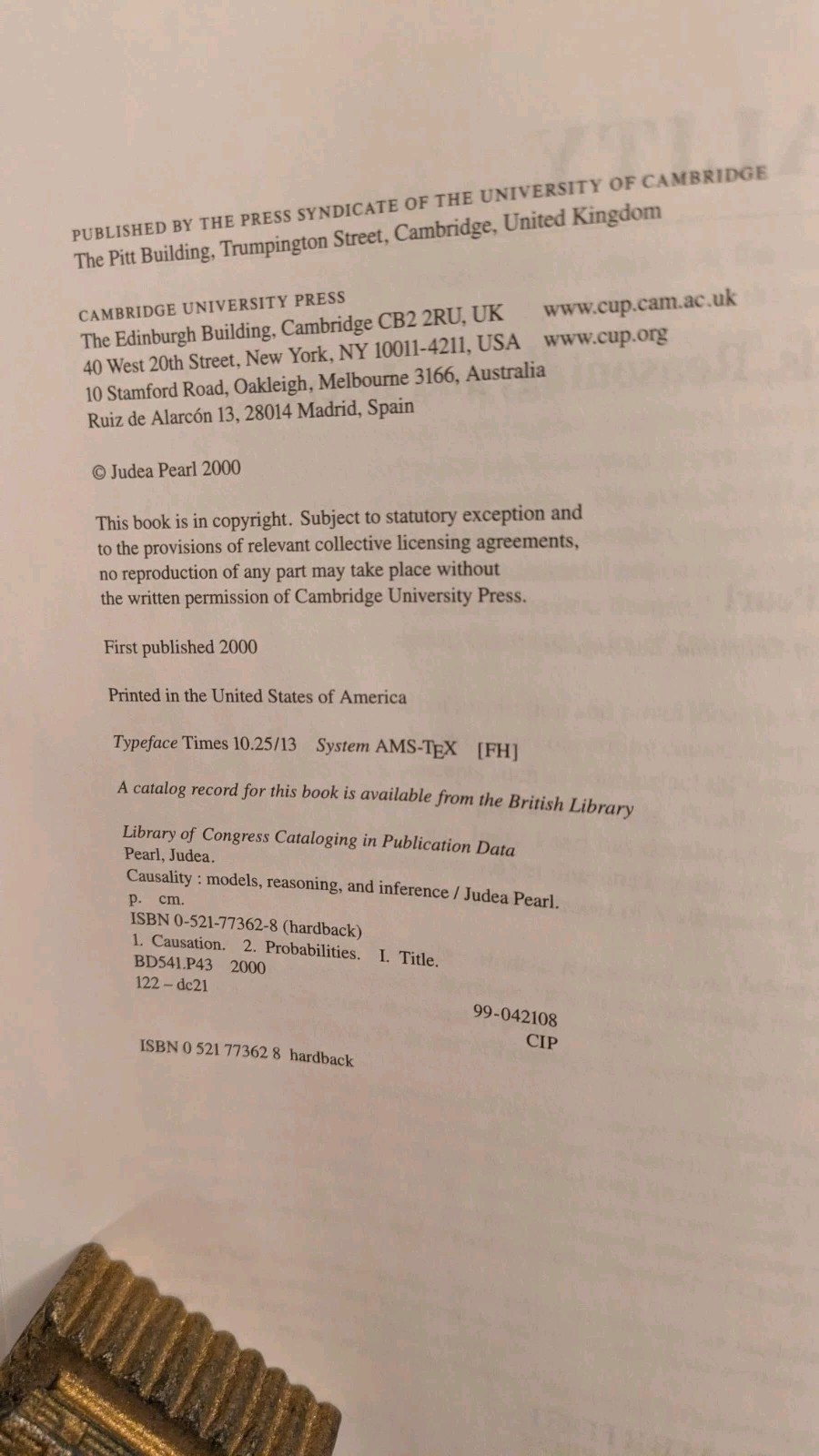 Pearl , CAUSALITY: MODELS, REASONING & INFERENCE, 2000, HB, DJ, Cambridge Press