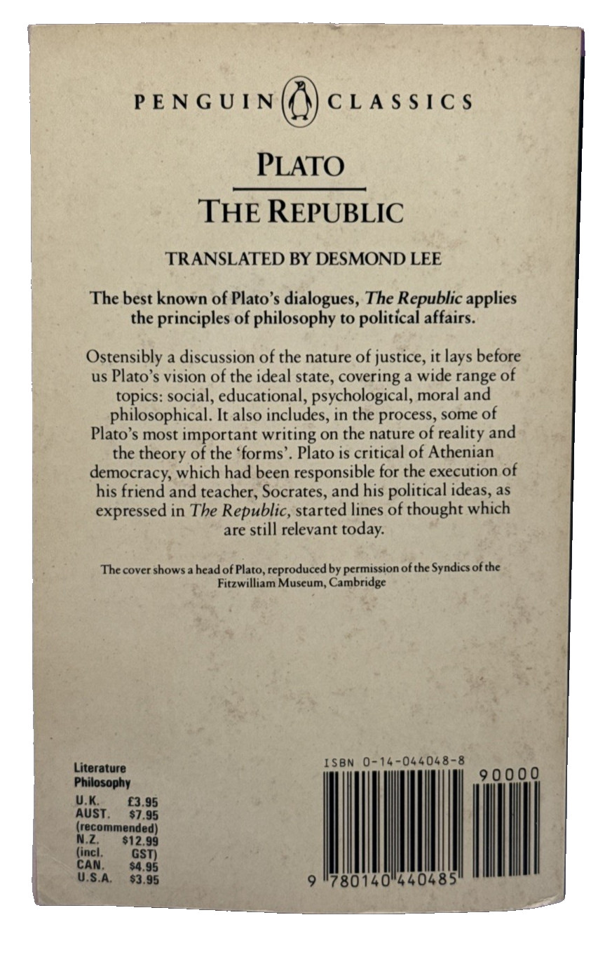 Plato The Republic Penguin Classics Desmond Lee Paperback Book
