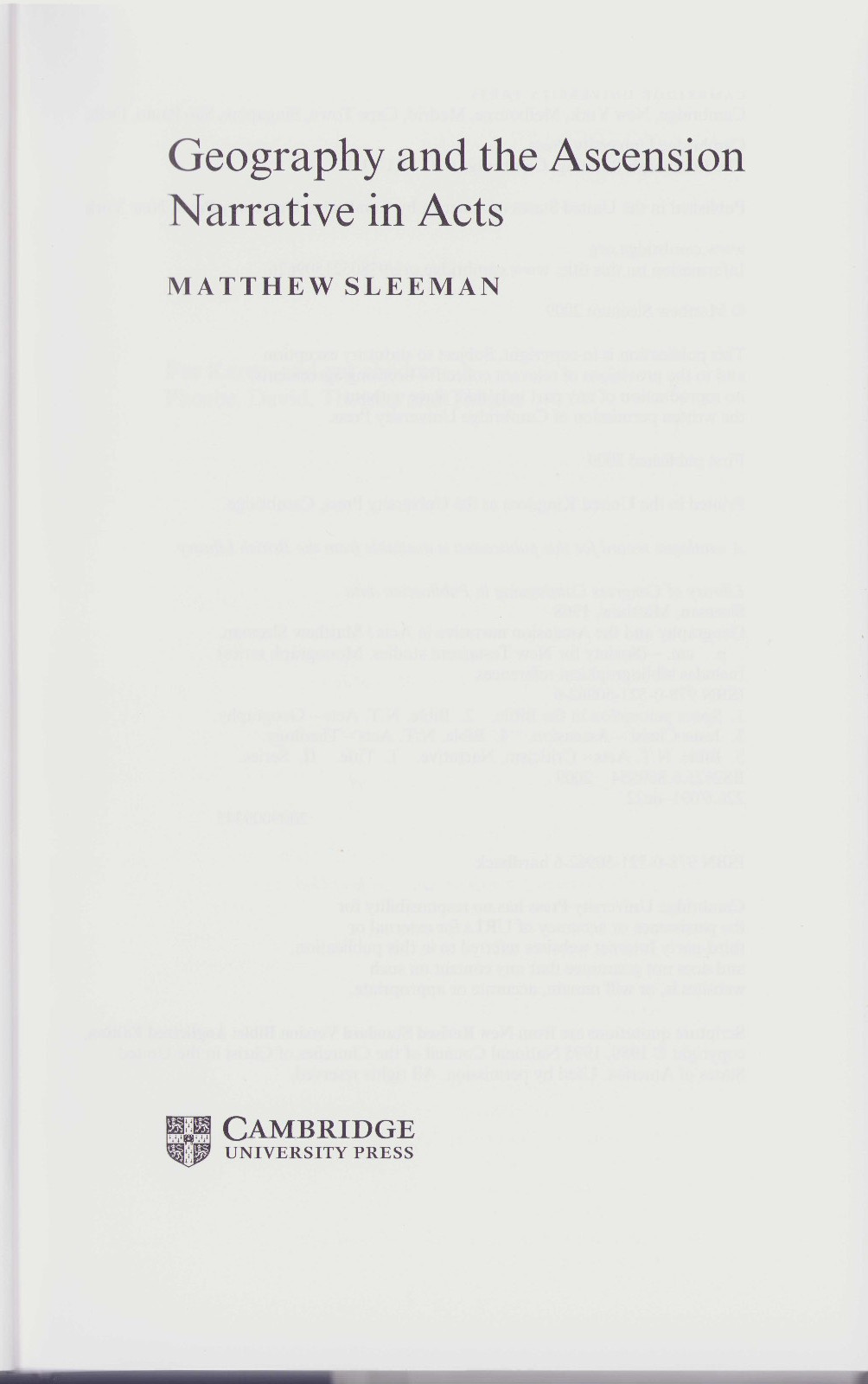 Geography and the Ascension Narrative in Acts by Matthew Sleeman (English) Hardc