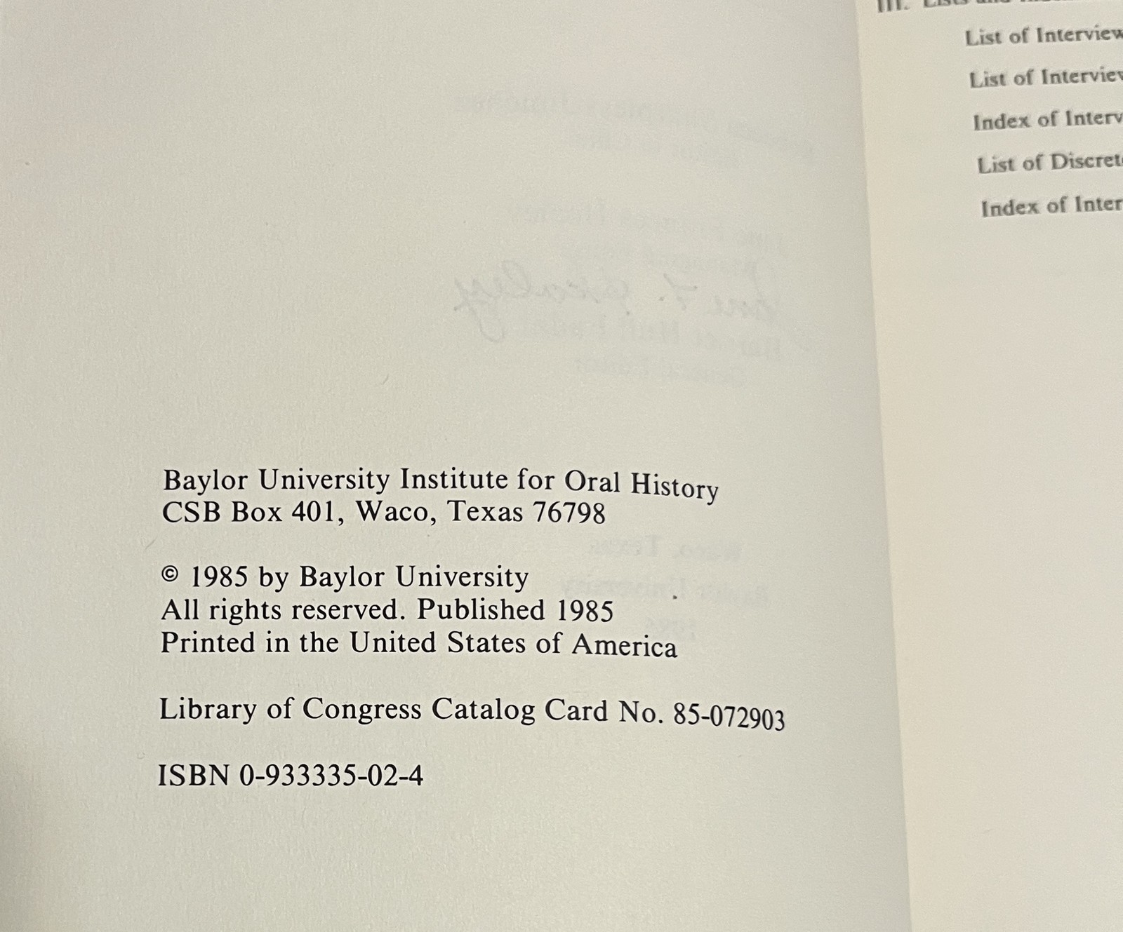 Baylor University Institute for Oral History: A Guide to the Collection 1970-85