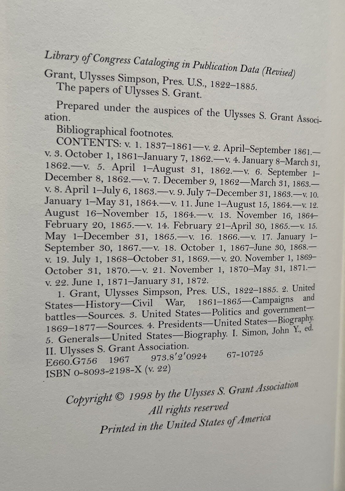 THE PAPERS OF ULYSSES S. GRANT, Volume 22 June 1, 1871-Jan 31, 1872 (1998 HC/DJ)