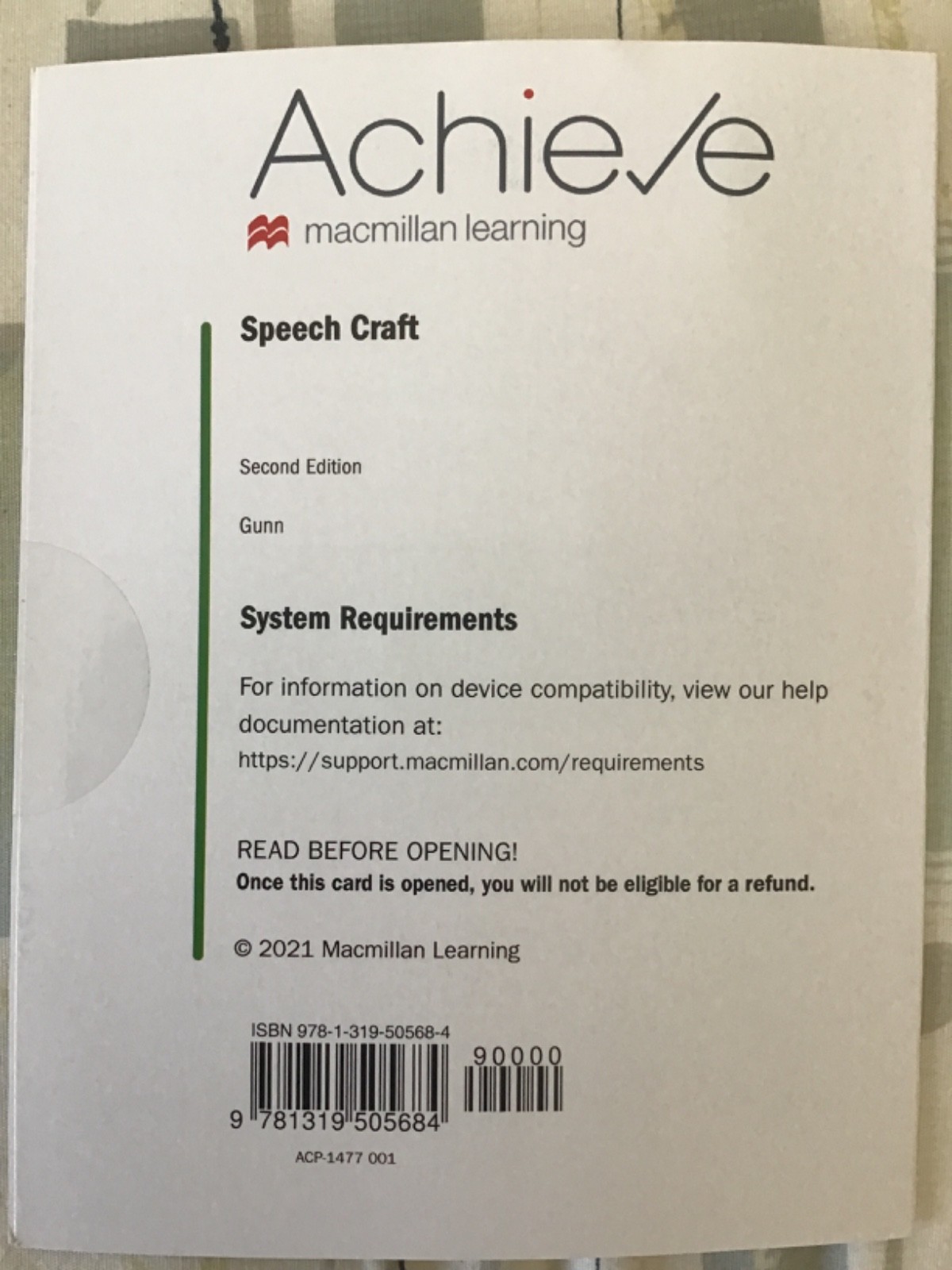 NEW Achieve 1 term Access Code Card Speech Craft by Gunn 2nd Second Edition