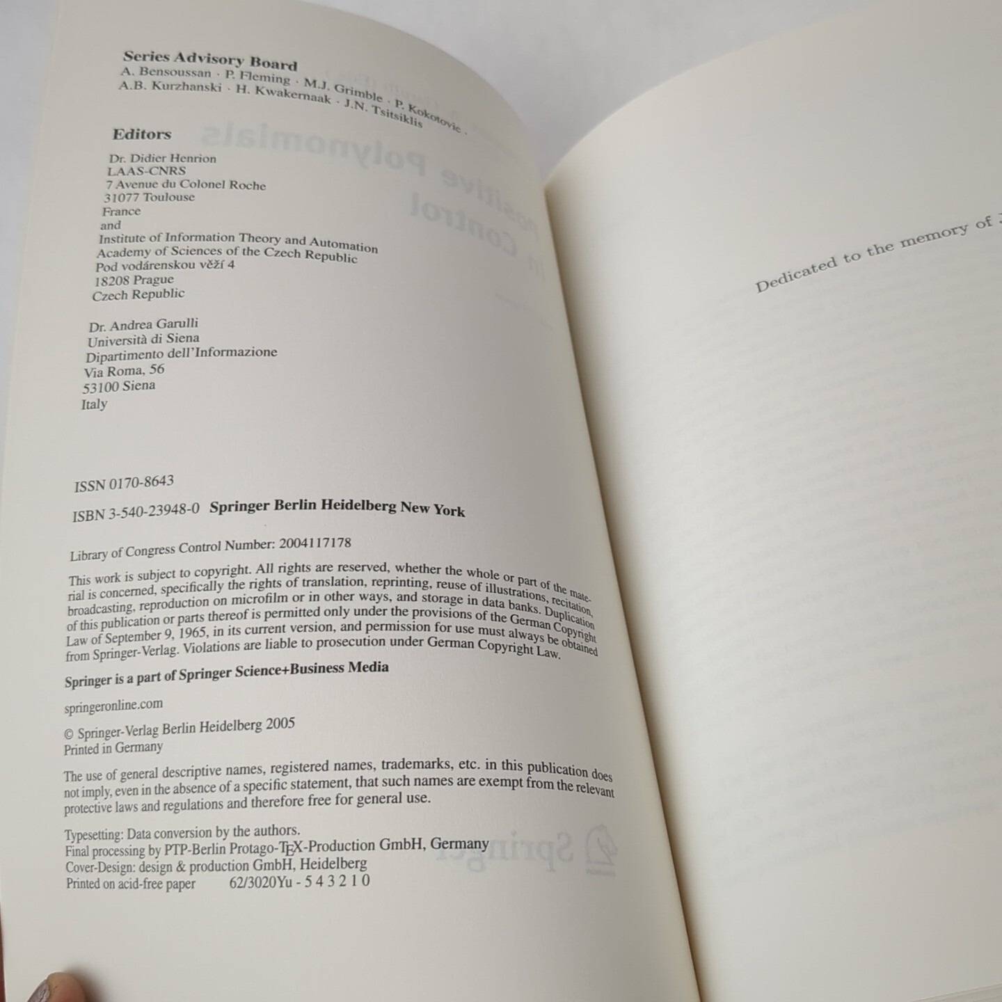 Lecture Notes in Control and Information Sciences Ser.: Positive Polynomials …