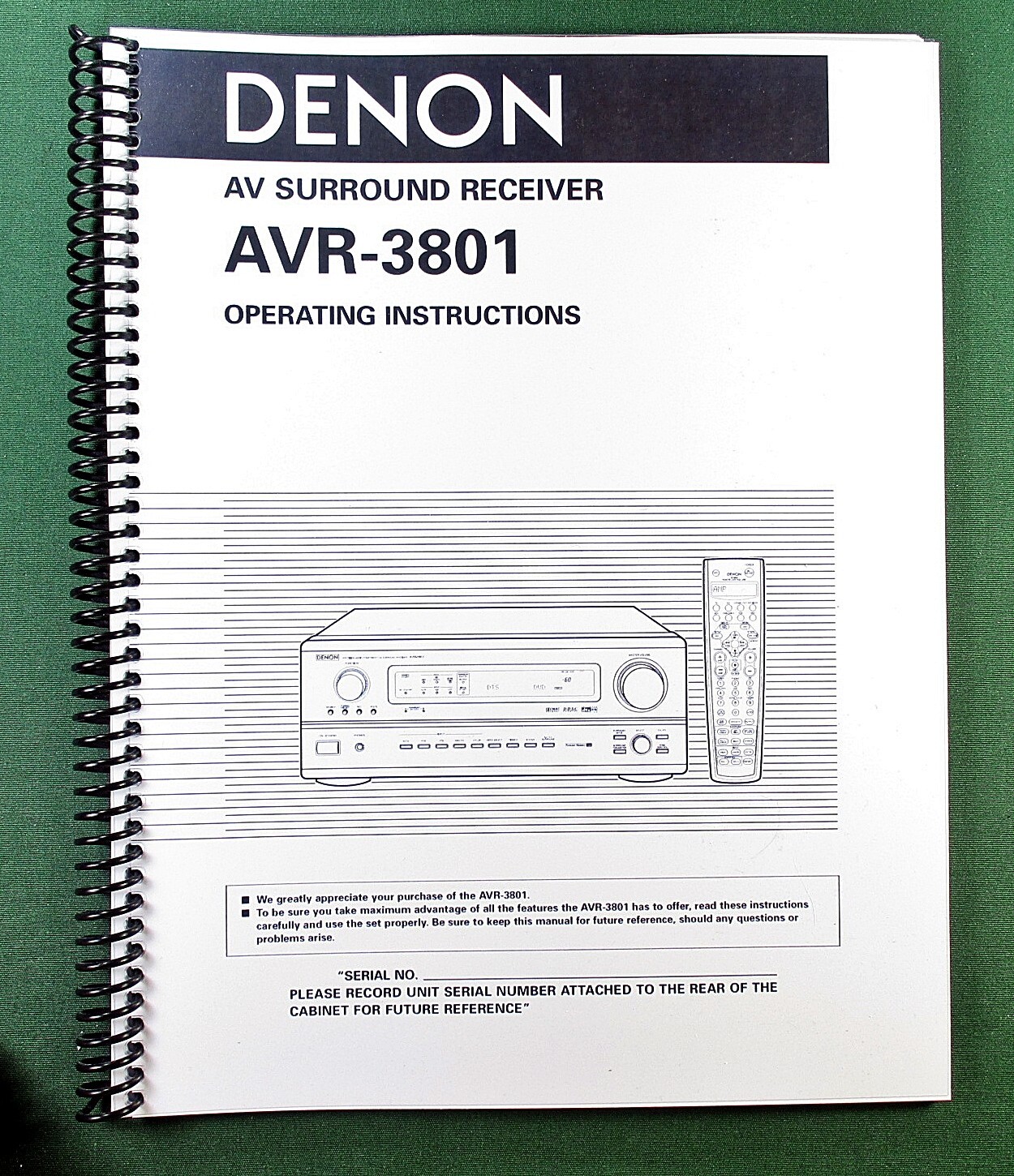 Denon AVR-3801 Instruction Manual: 72 Pages & Protective Covers!