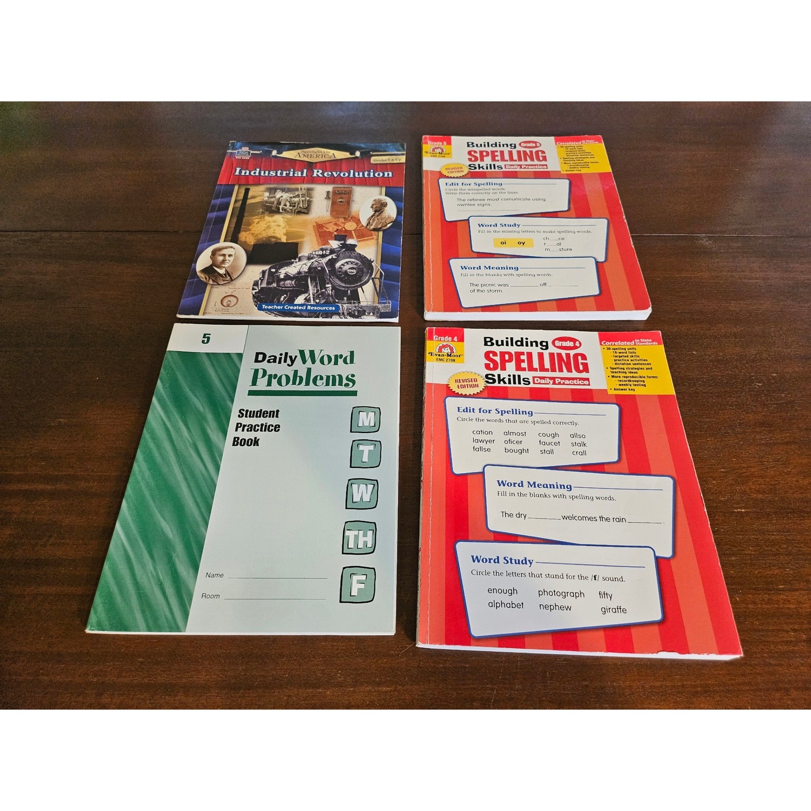 Evan-Moor Workbook Lot Kids Grade 3-8 Multicolor Spelling Math History 4pc