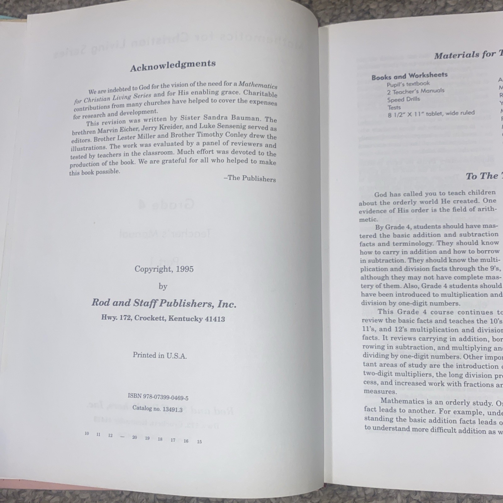 Rod and Staff Arithmetic Grade 4 Teacher’s Manuals Parts 1 & 2