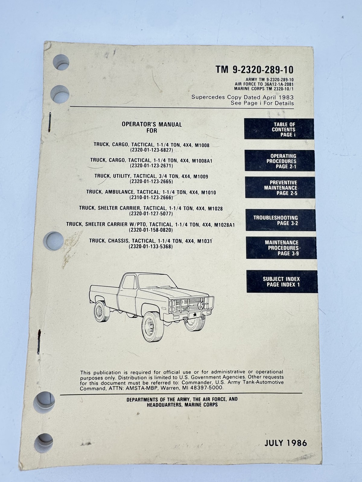 TM 9-2320-289-10 Operator’s Manual Tactical Cargo Utility Ambulance Truck 1986