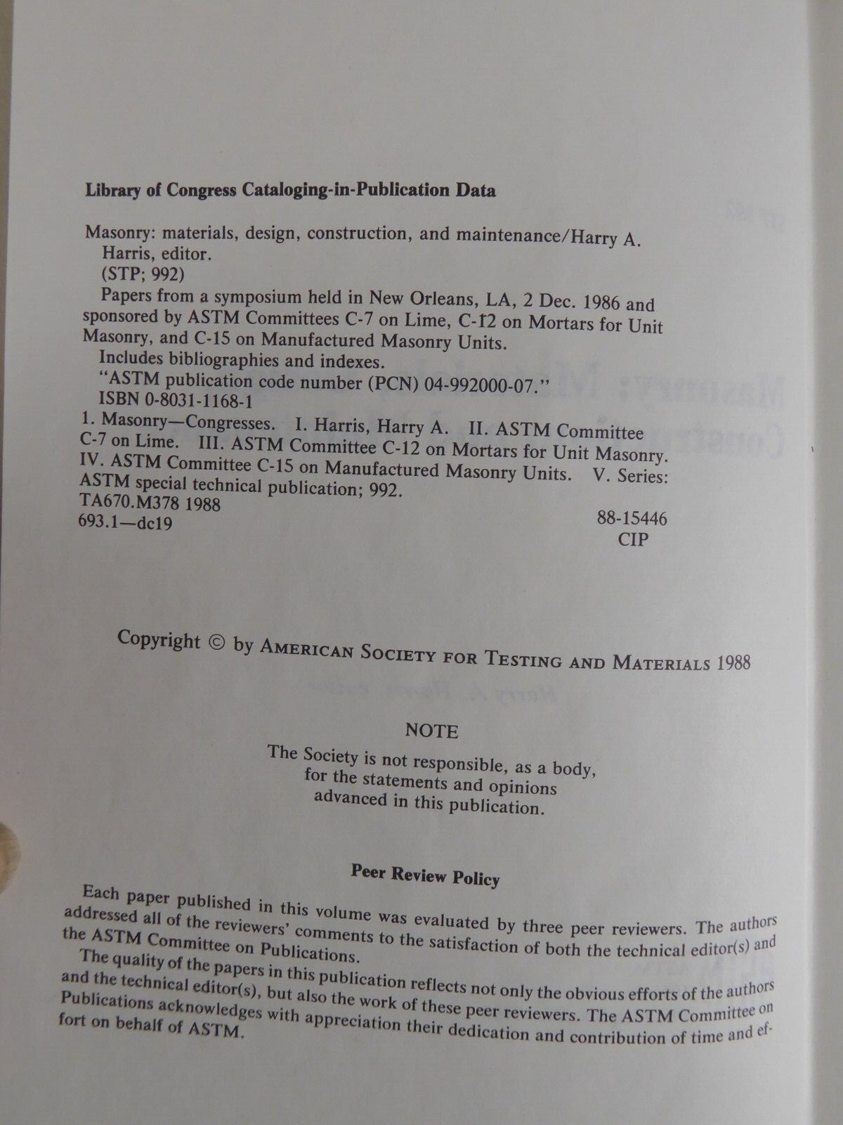 Masonry: Materials, Design, Construction, & Maintenance Harry Harris ASTM 1988