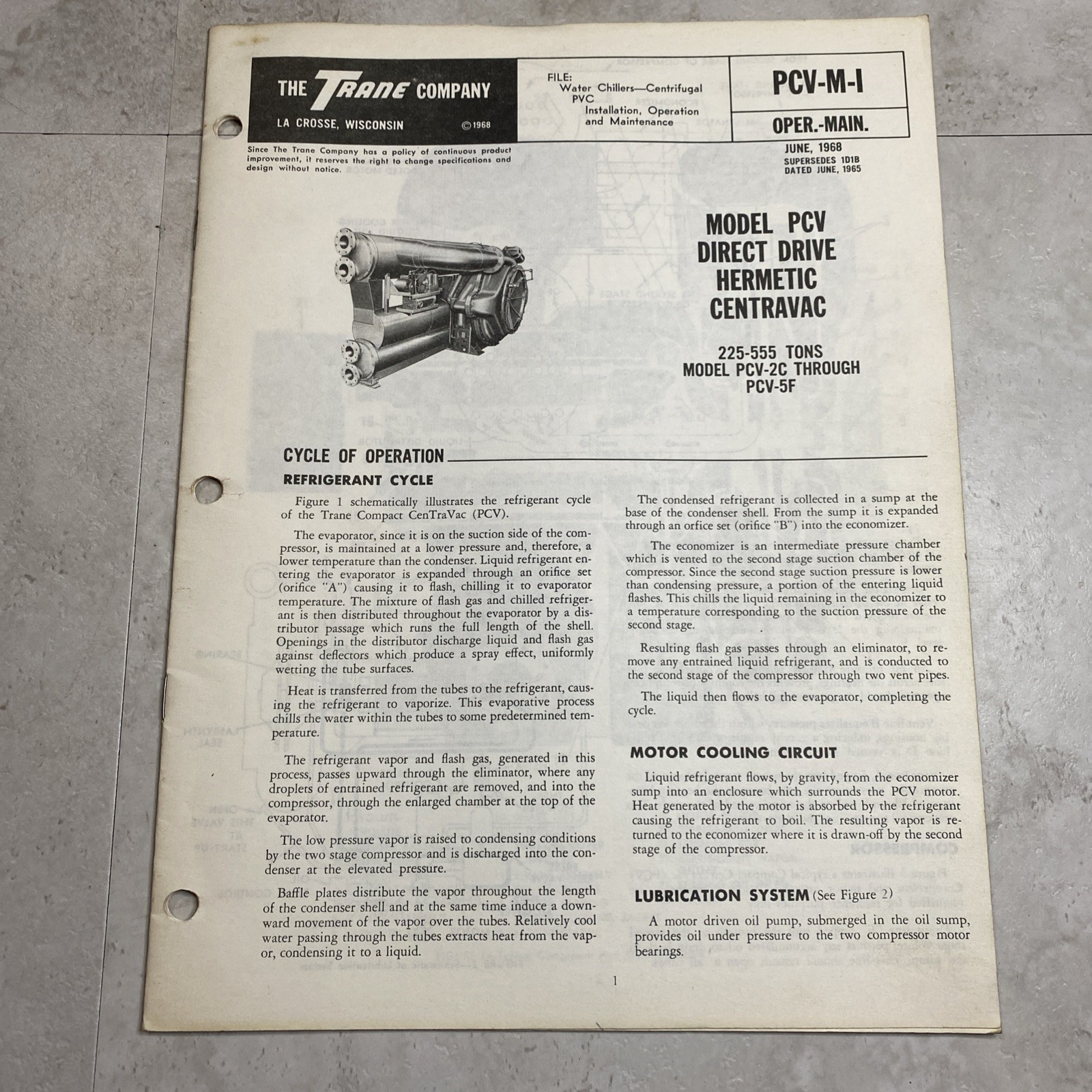 1968 Trane HVAC PCV-M-1 Operation Technical Manual Hermetic Centravac Chiller