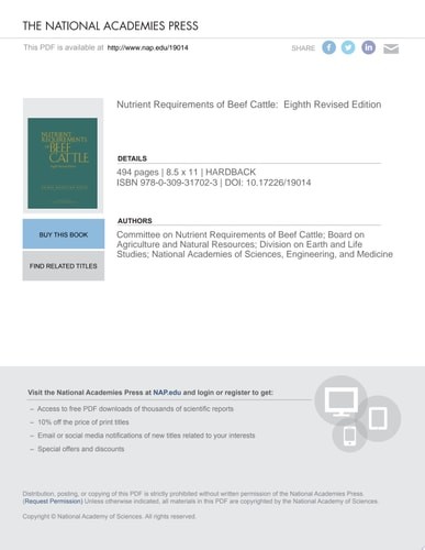 Nutrient Requirements of Beef Cattle: Eighth Revised Edition (Animal Nutrition)
