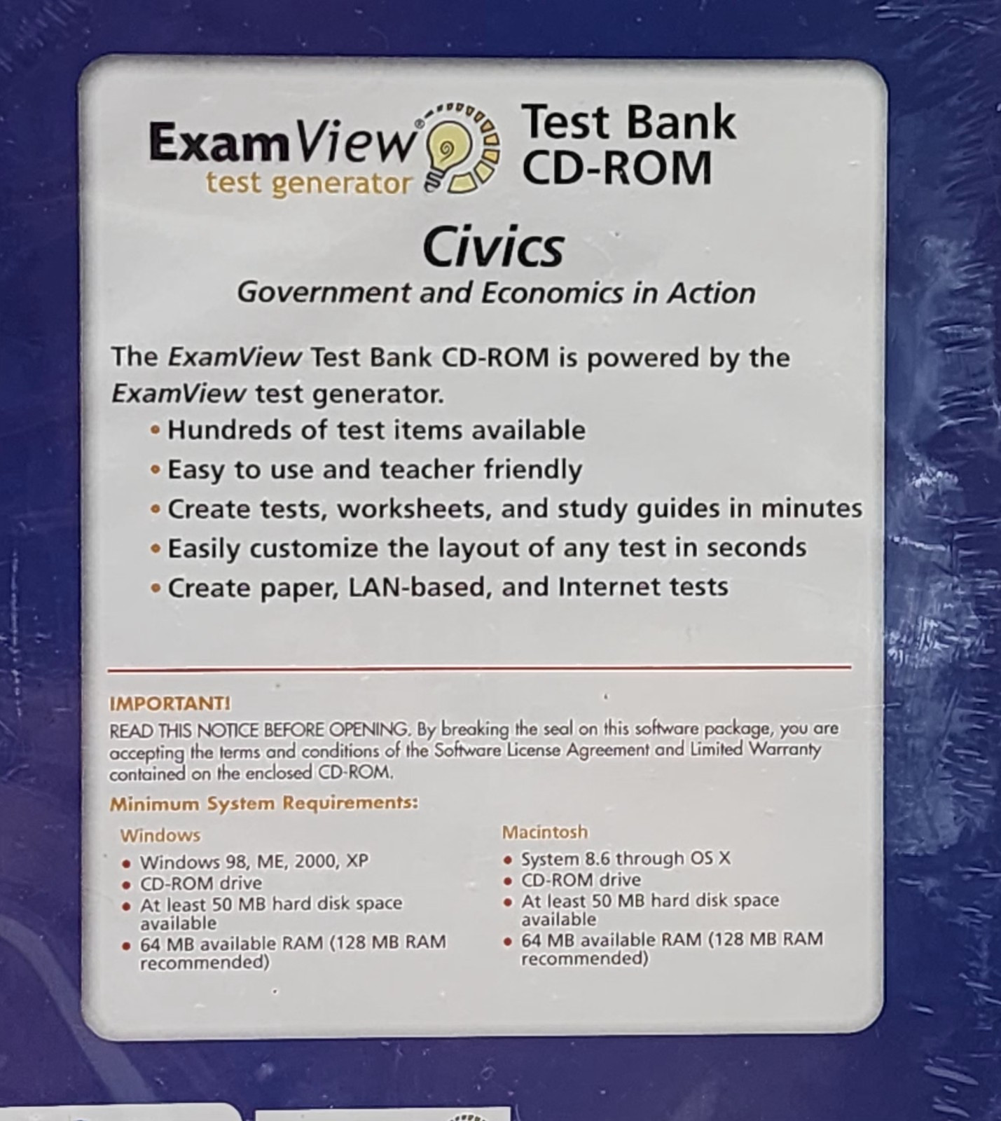 Prentice Hall ExamView CIVICS Test Generator Multimedia CD UNOPENED
