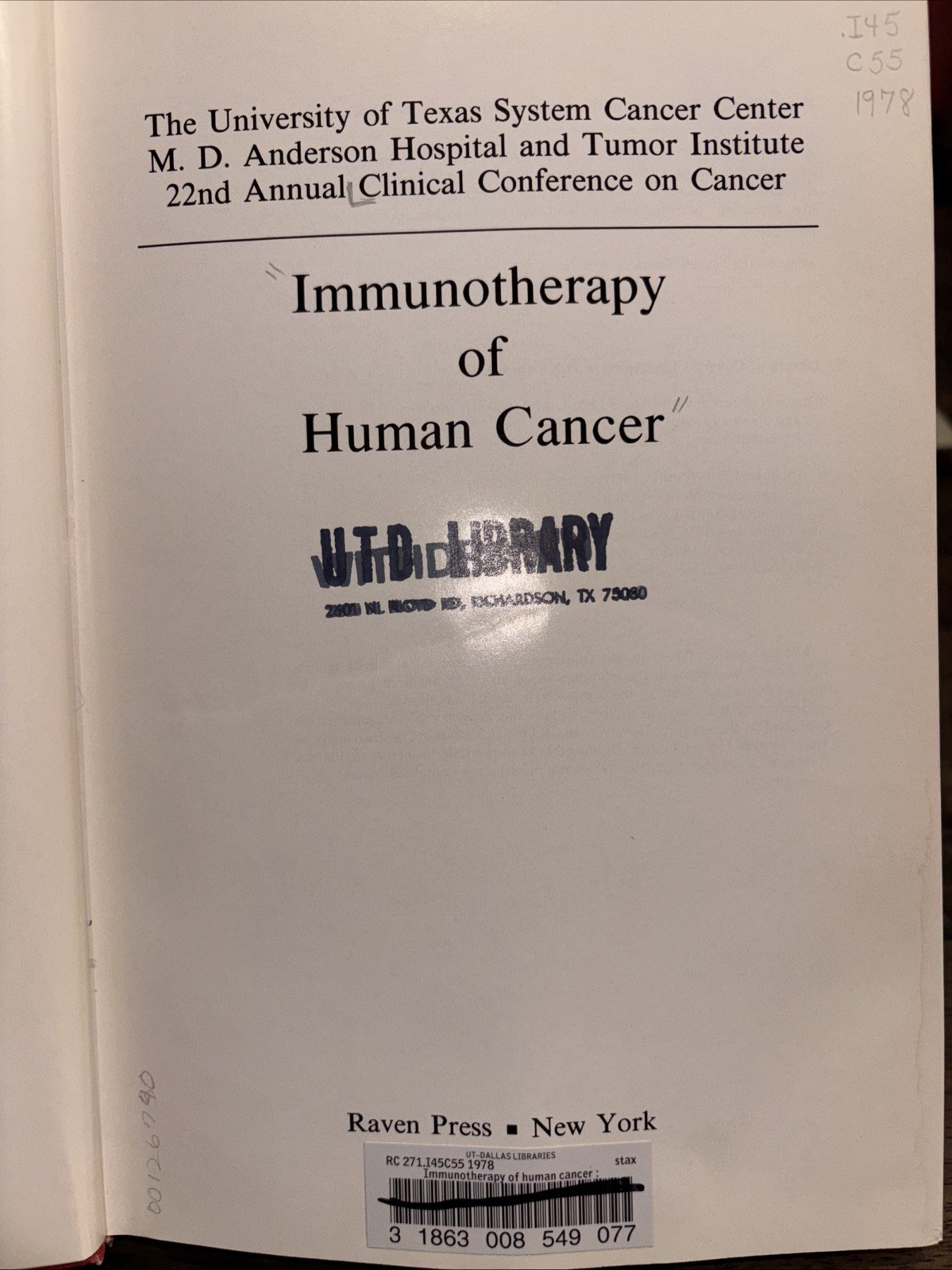 Immunotherapy of Human Cancer 1978 M D Anderson Raven Press HC No DJ Ex Library