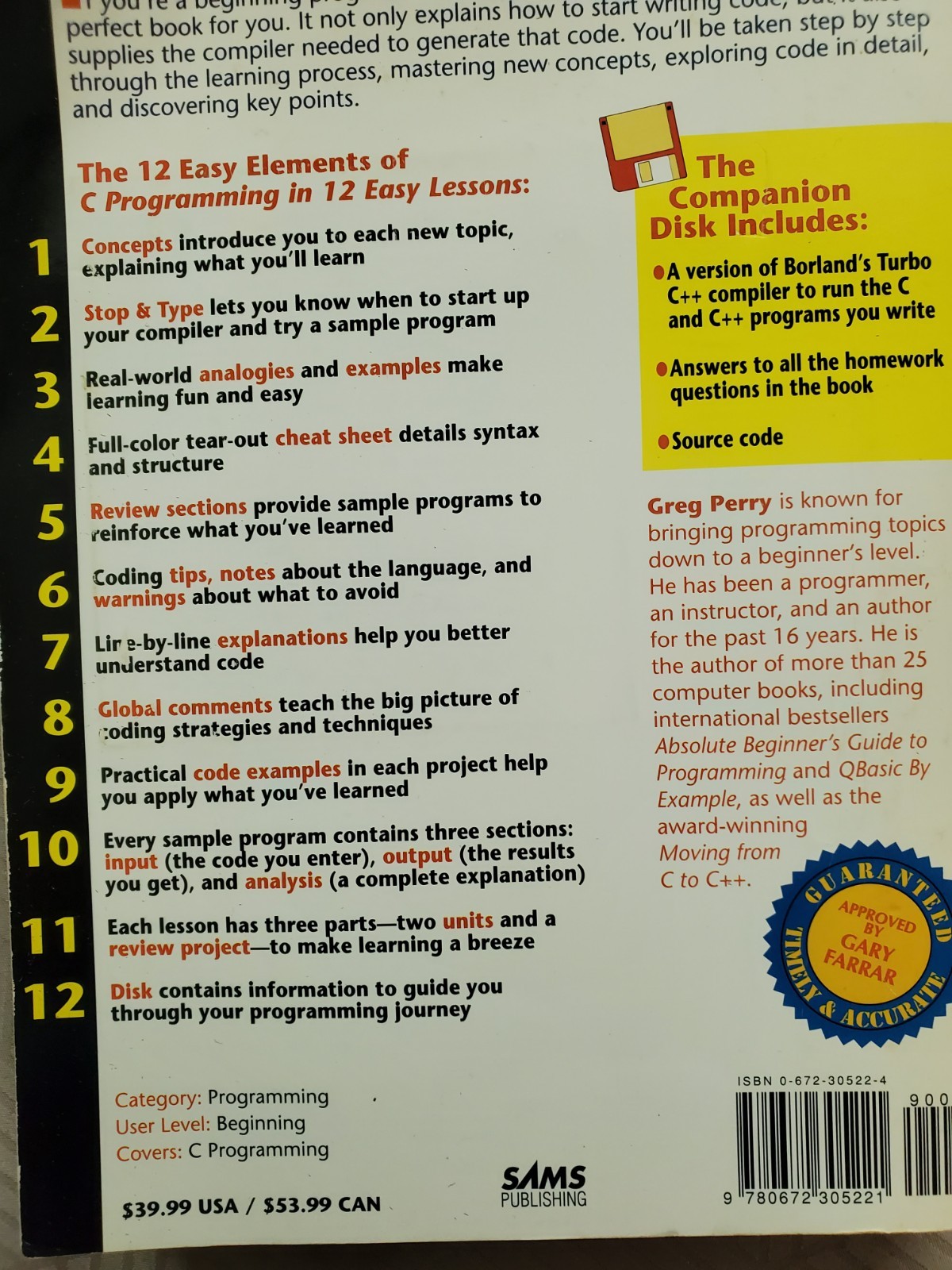 C Programming in 12 Easy Lessons by Greg M. Perry (1994, CD-ROM /Trade Paperback