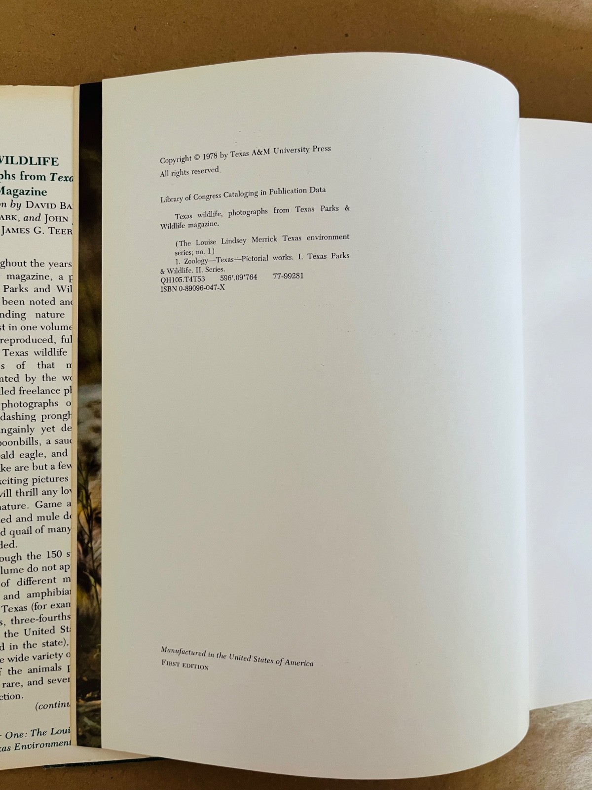 1st Edition Texas Wildlife: Photographs from Texas Parks & Wildlife 1978