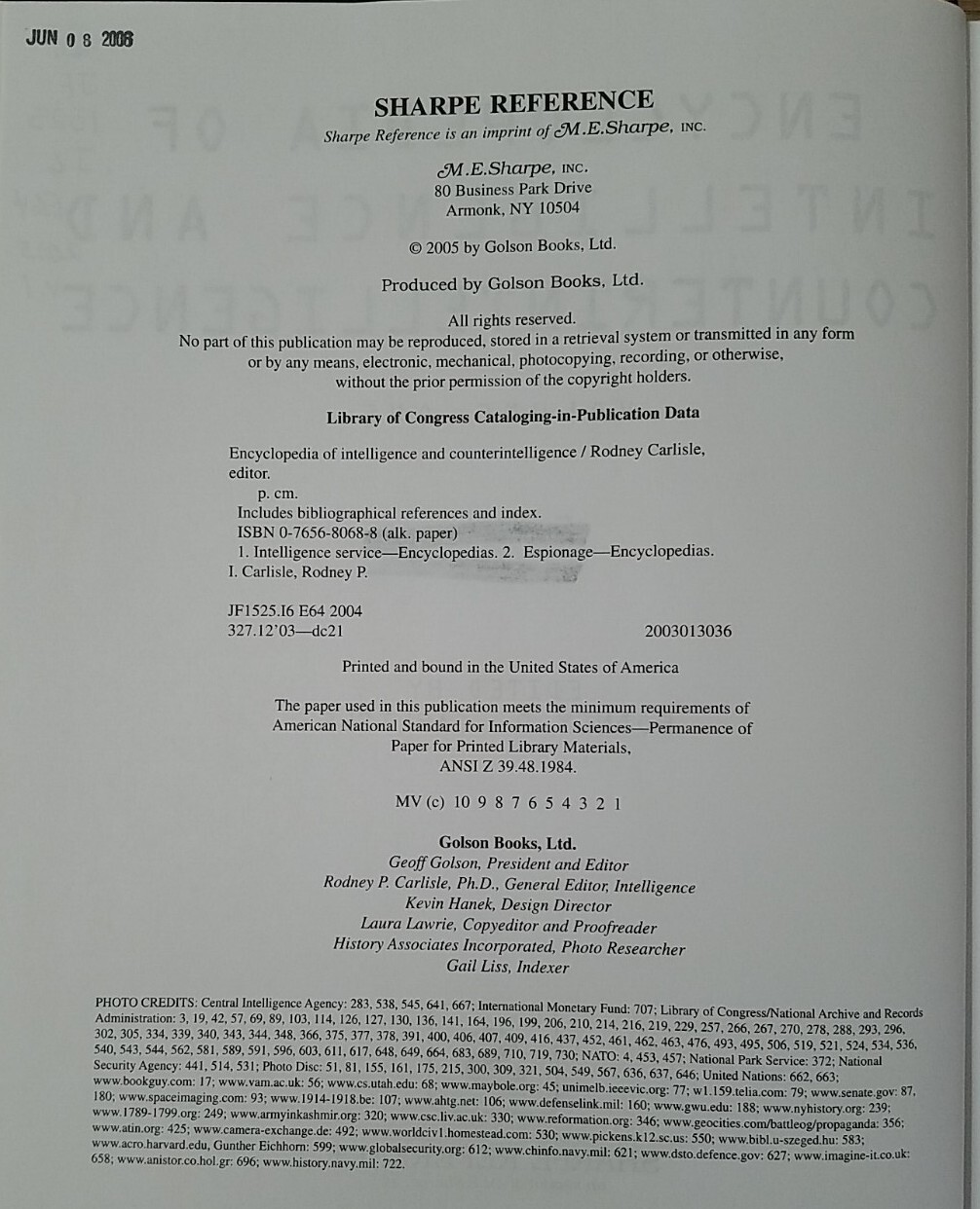 ENCYCLOPEDIA OF INTELLIGENCE AND COUNTERINTELLIGENCE VOL. 1 & 2; RODNEY CARLISLE