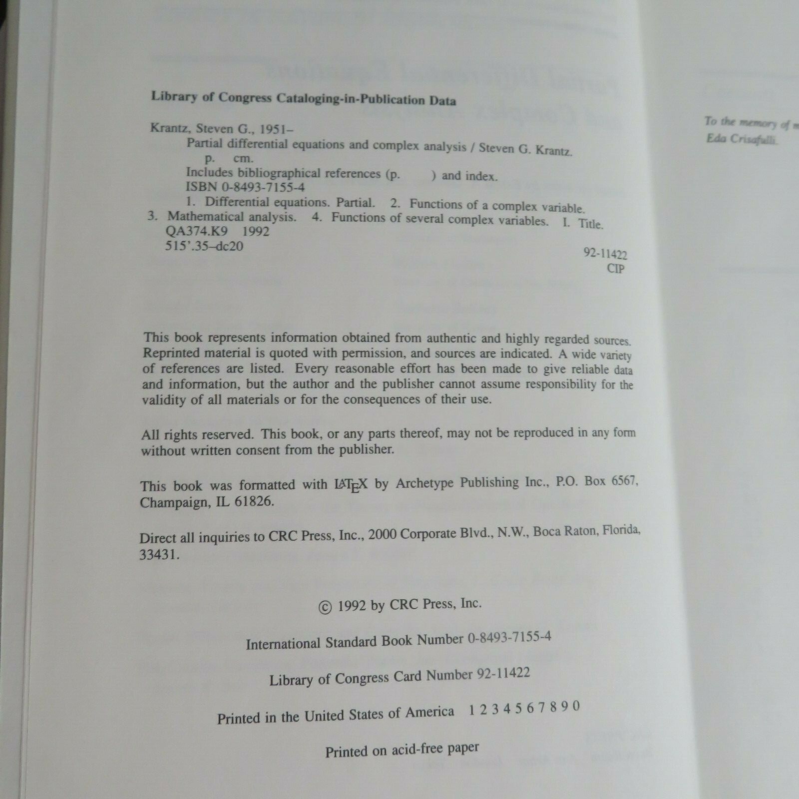 Partial Differential Equations and Complex Analysis by Steven G. Krantz 1st Ed