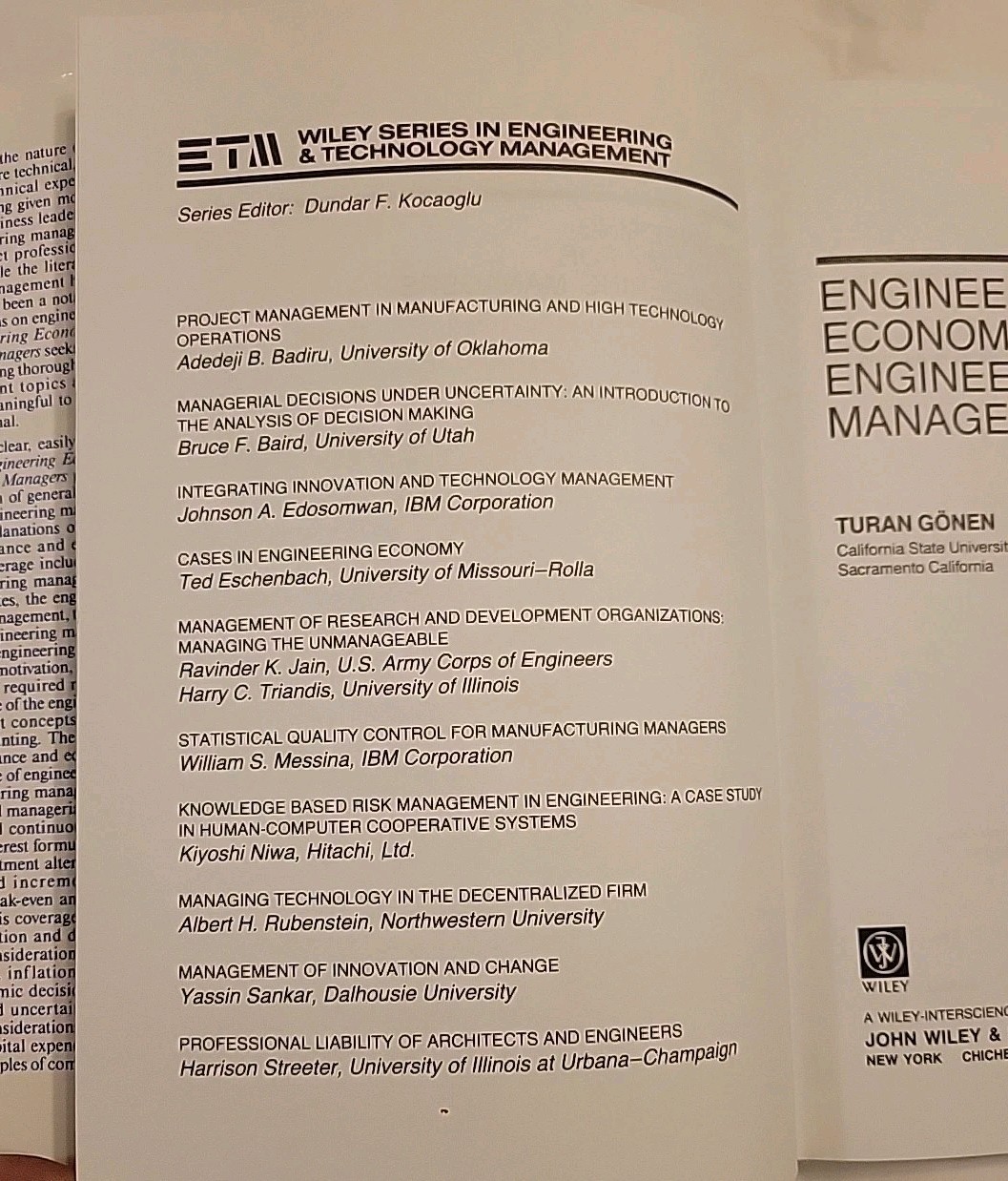 Engineering Economy for Engineering Managers Hardcover Turan Gonen, Wiley Series