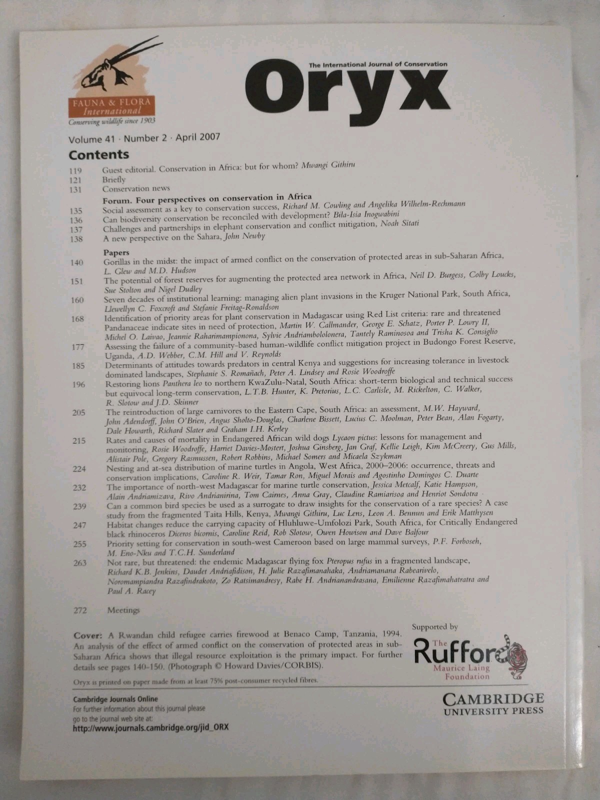 Oryx The International Journal Of Conservation | Volume 41 #2 April 2007