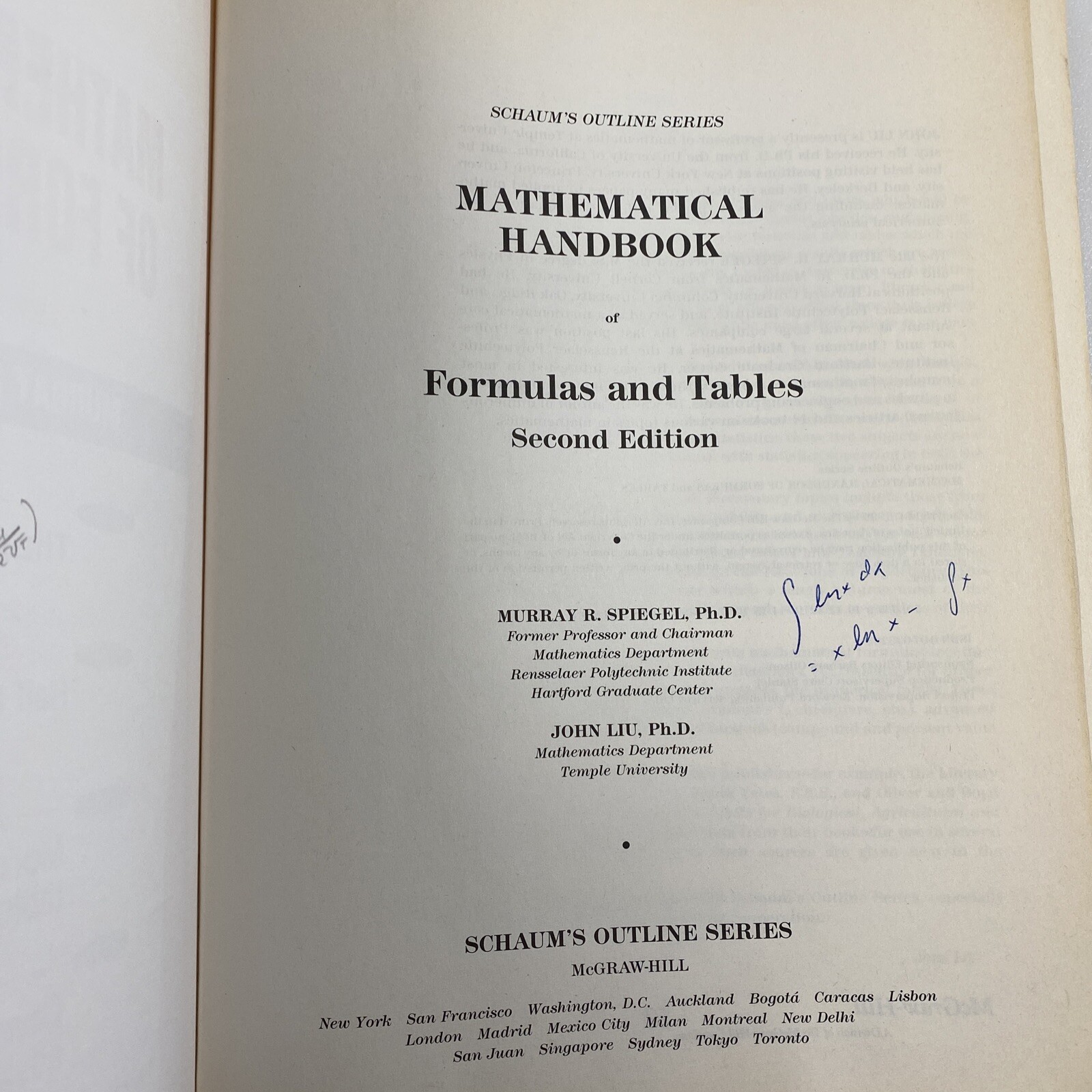 SCHAUM’S MATHEMATICAL HANDBOOK OF FORMULAS AND TABLES Murray R Spiegel John Liu
