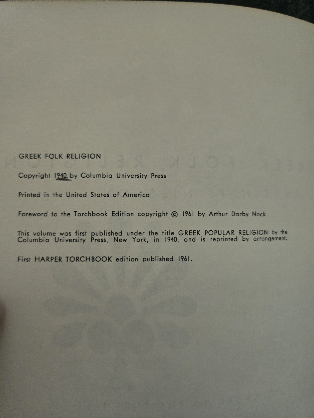 1961 PB Greek Folk Religion by Nilsson, Martin P. Gd