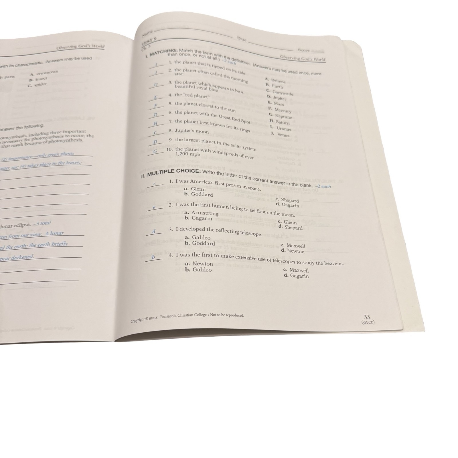 A Beka Book Observing God’s World 6th Grade Science Teacher’s Edition Answer Key