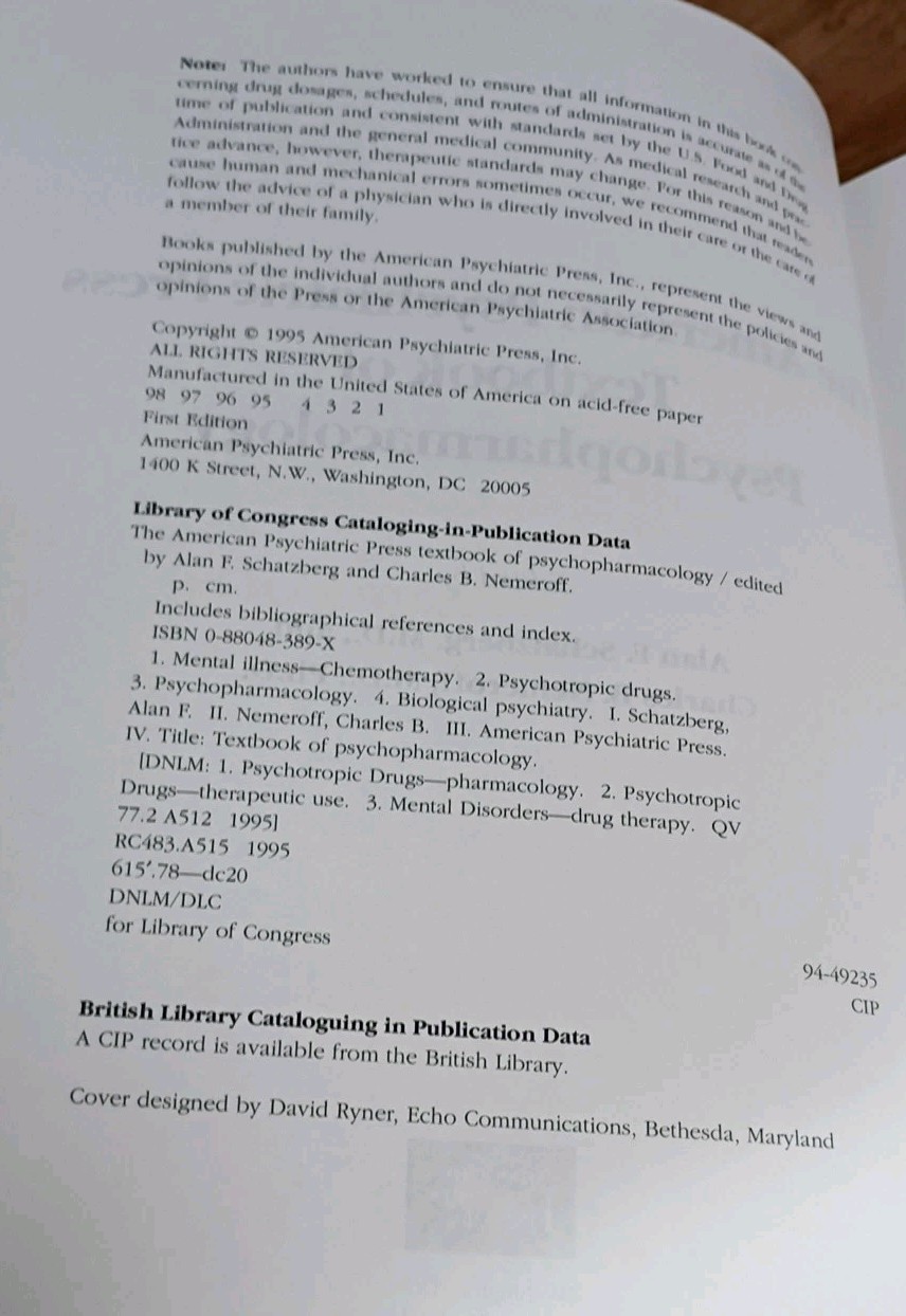 Textbook PSYCHOPHARMACOLOGY American Psychiatric Press 95 Schatzberg & Nemeroff