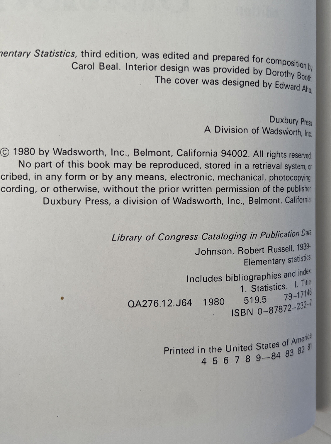 Elementary Statistics, Third Edition, by Robert Johnson 1980 Hardcover