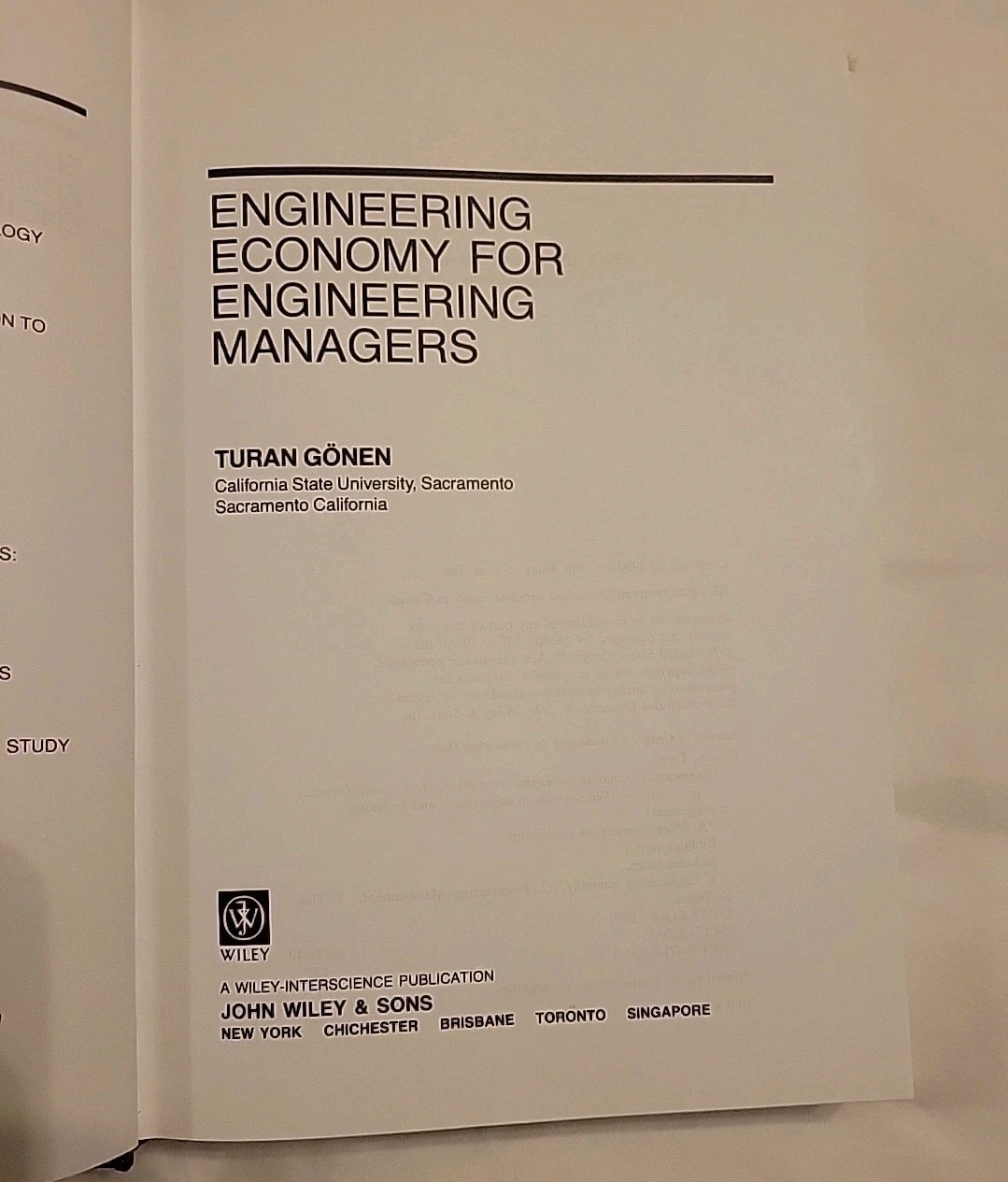 Engineering Economy for Engineering Managers Hardcover Turan Gonen, Wiley Series