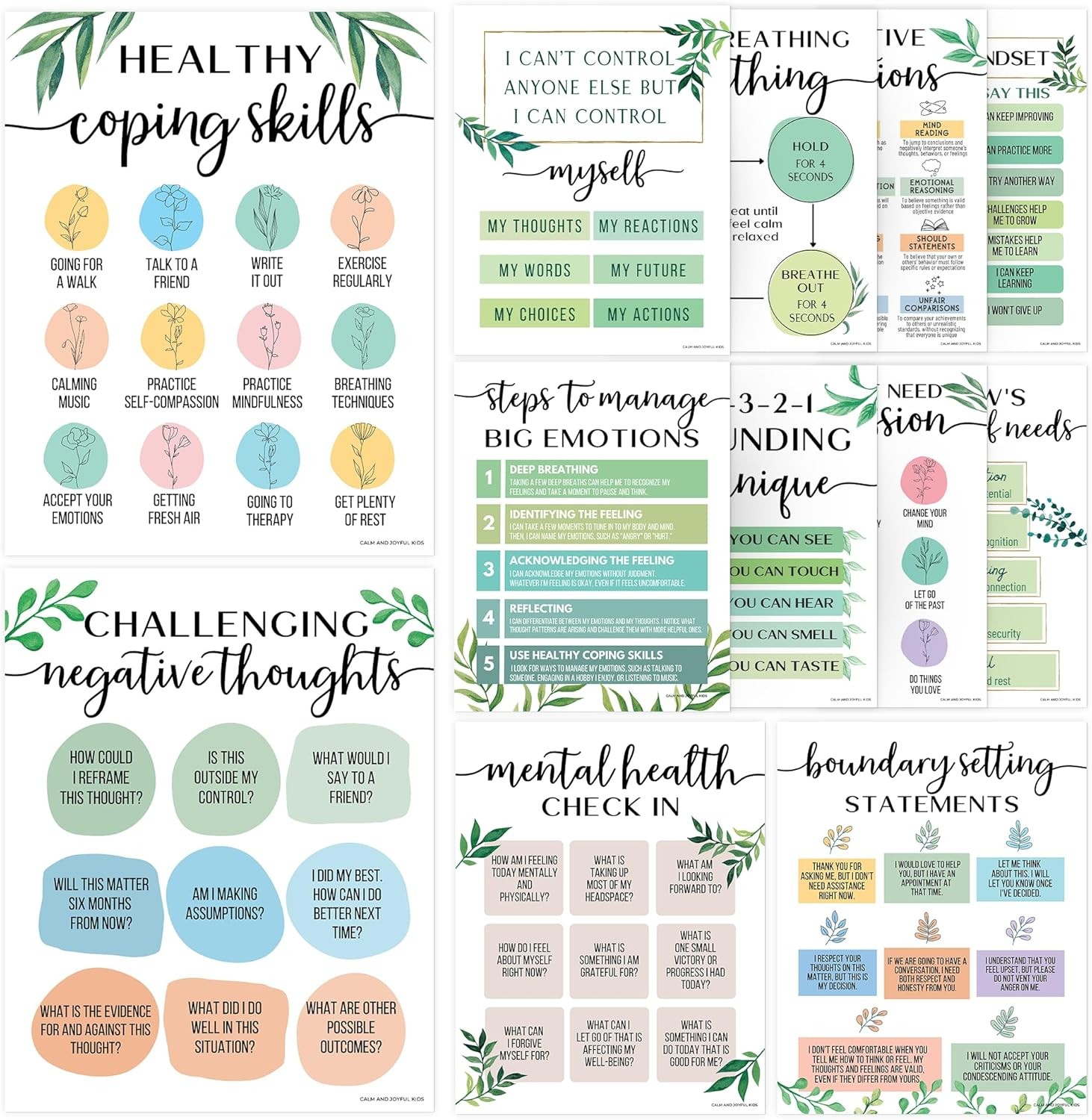 Mental Health Posters – 12 PCS (11″x14″) – Coping Skills, Boundary Statements an