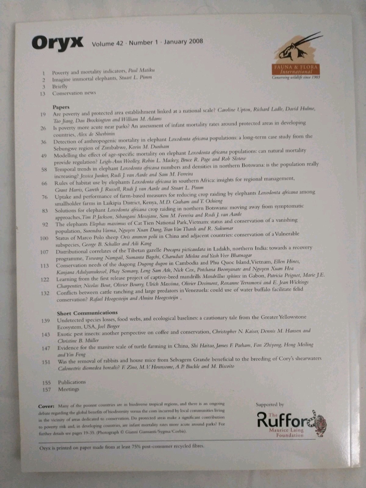 Oryx The International Journal Of Conservation| Volume 42 #1 January 2008