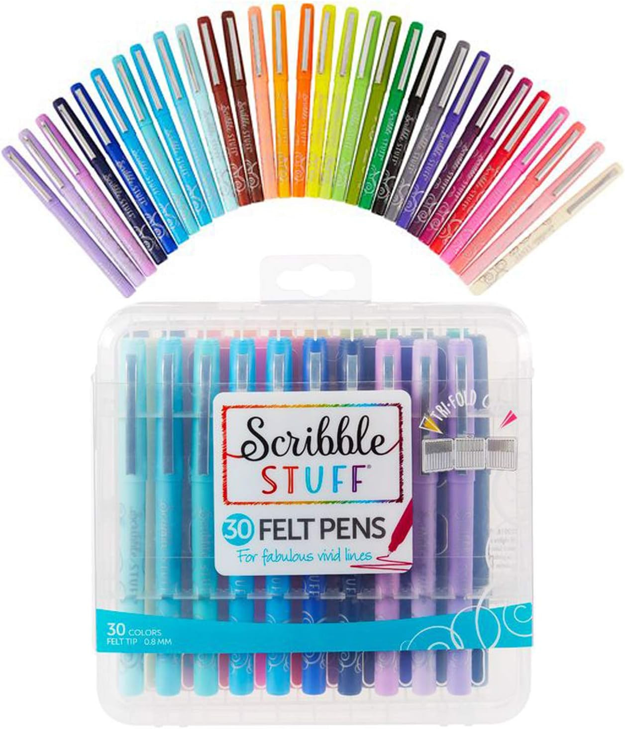 Scribble Stuff Felt Pens – 30 Cnt Medium Point 0.8mm Assorted, Tri-Fold Case