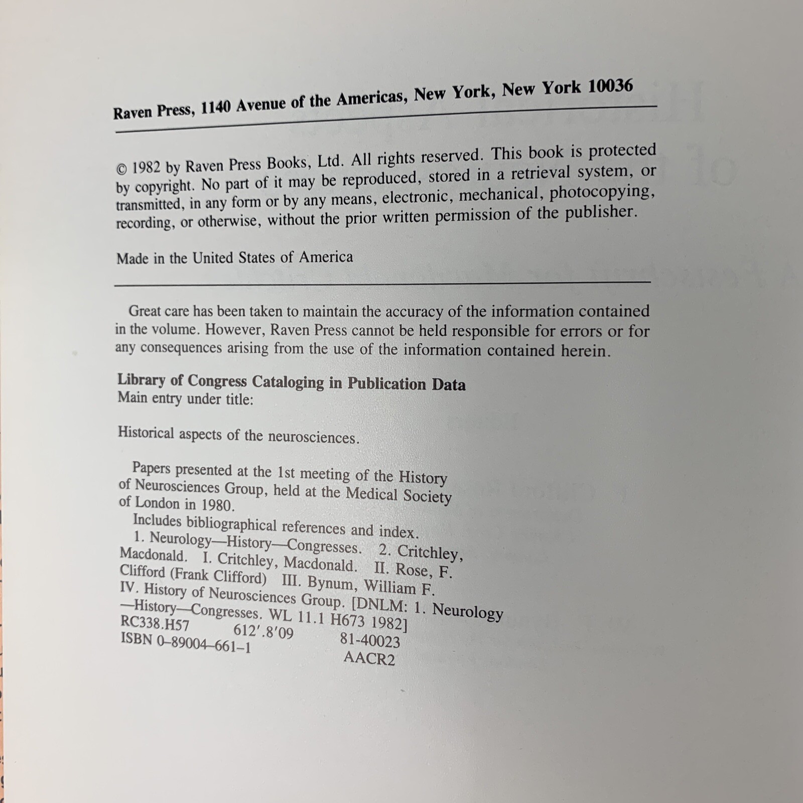 Historical Aspects of the Neurosciences By Rose & Bynum