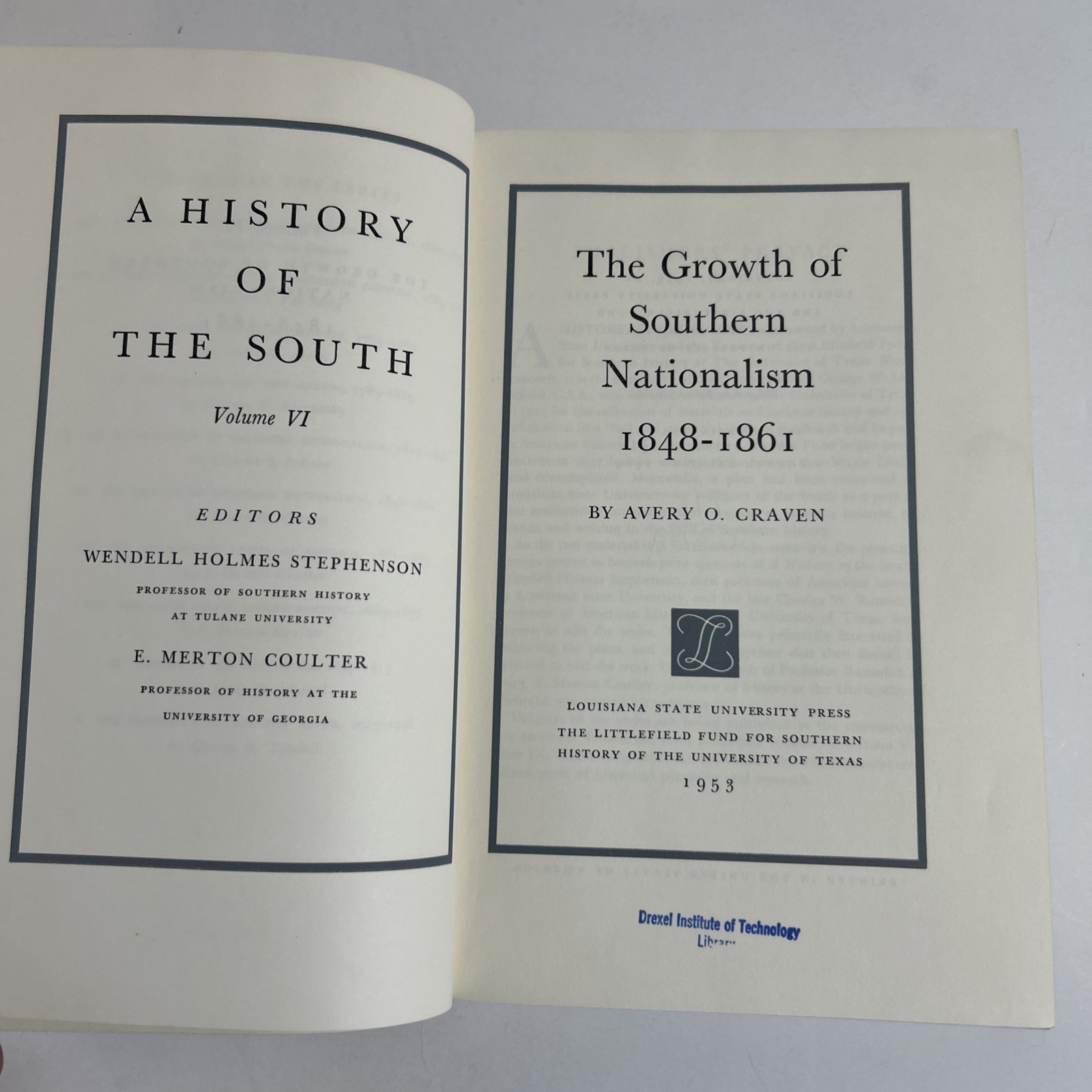 Growth of Southern Nationalism, 1848-1861 Vol. 6 Avery O. Craven HB 1964 No DJ