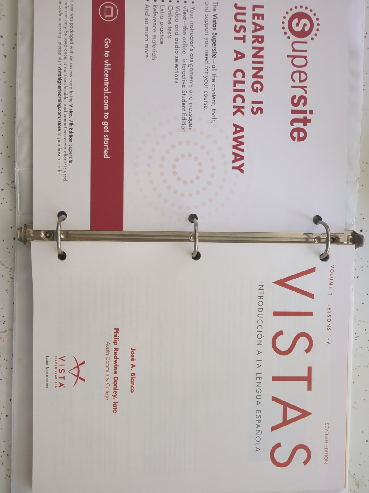 Vistas (7th Edition) No Access Code – Loose Leaf, by José A. Blanco Pre-owned