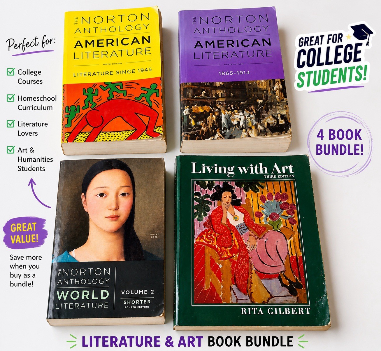Norton Anthology American World Literature + Living With Art Textbook Lot