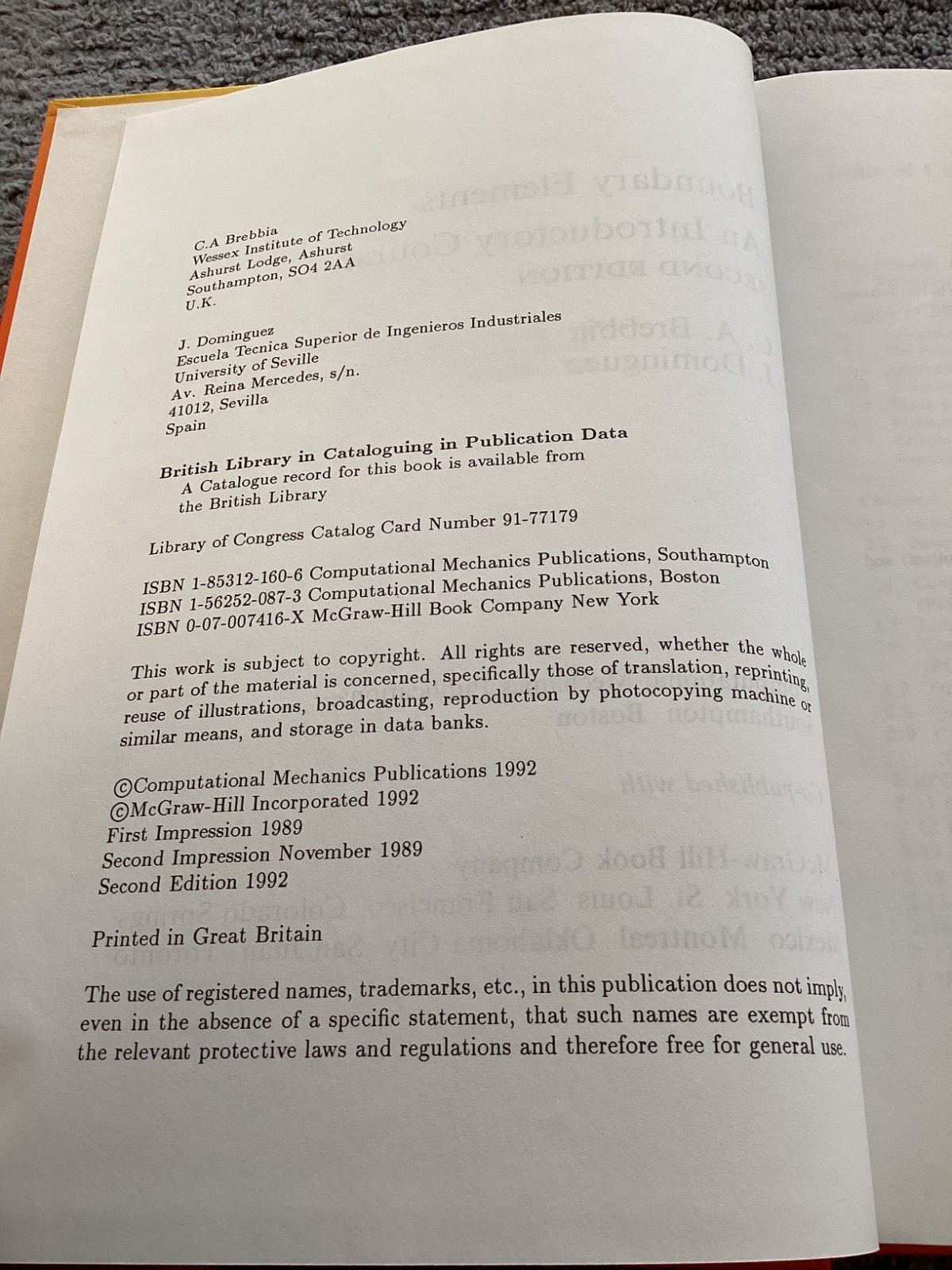 Boundary Elements: An Introductory Course by C. A. Brebbia (CMP, 1992) 2nd Ed