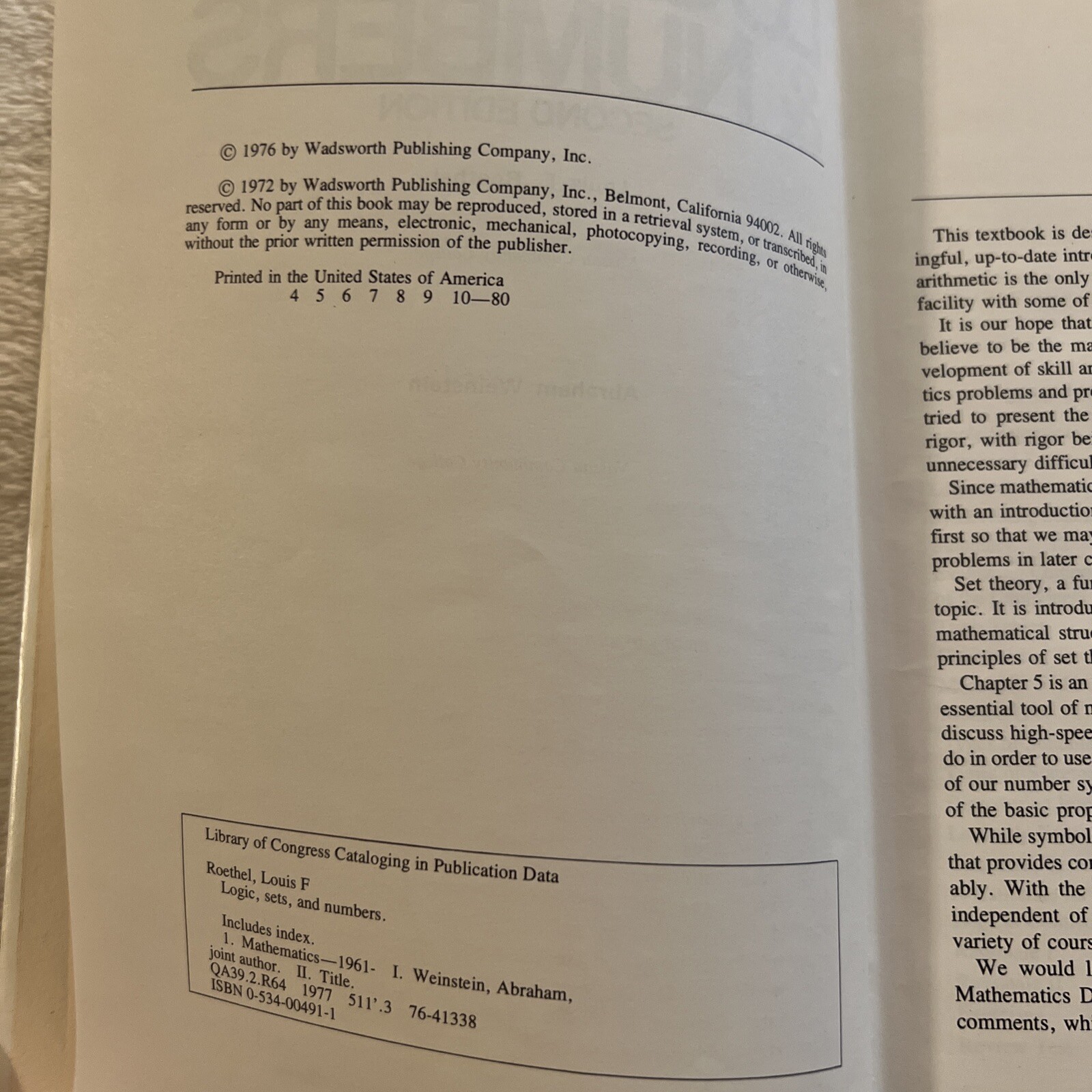 Logic Sets & Numbers Roethel & Weinstein 2nd Edition 1976 Wadsworth