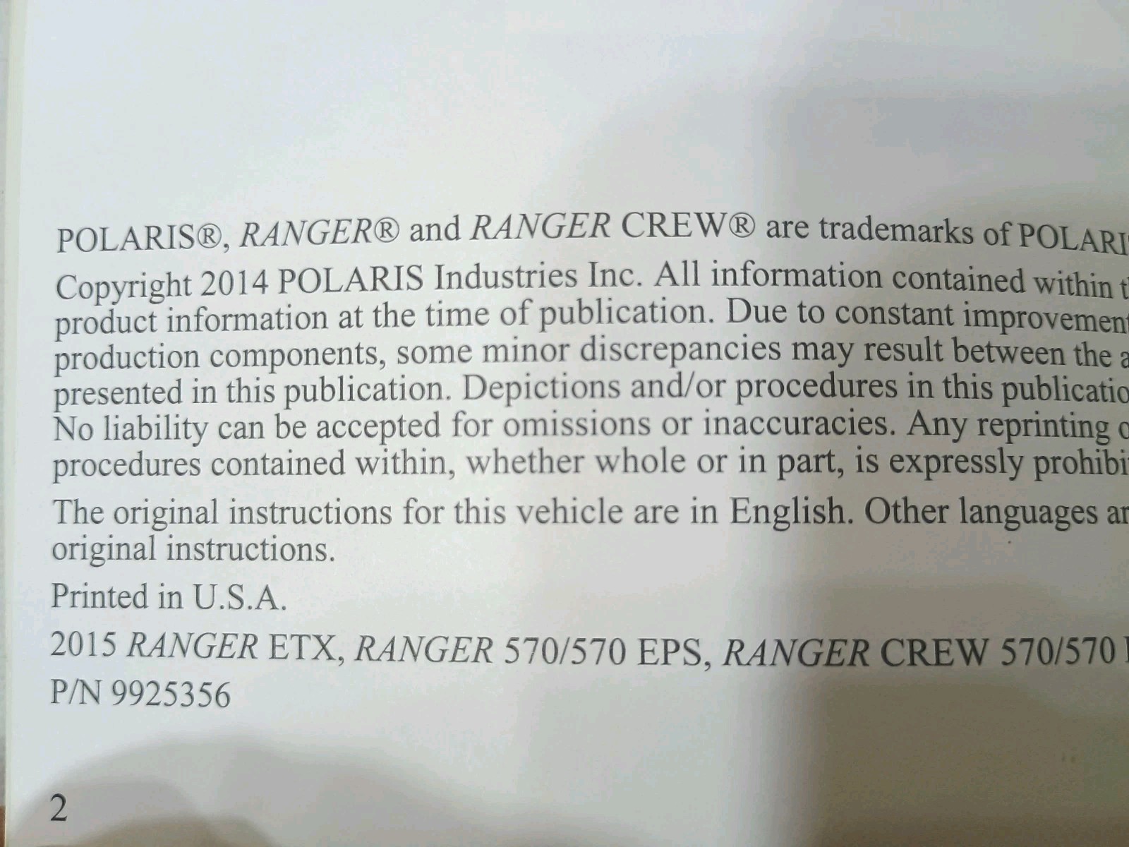 2015 Polaris Ranger 570 Owner’s Manual: 105 Pages Maintenance Safety