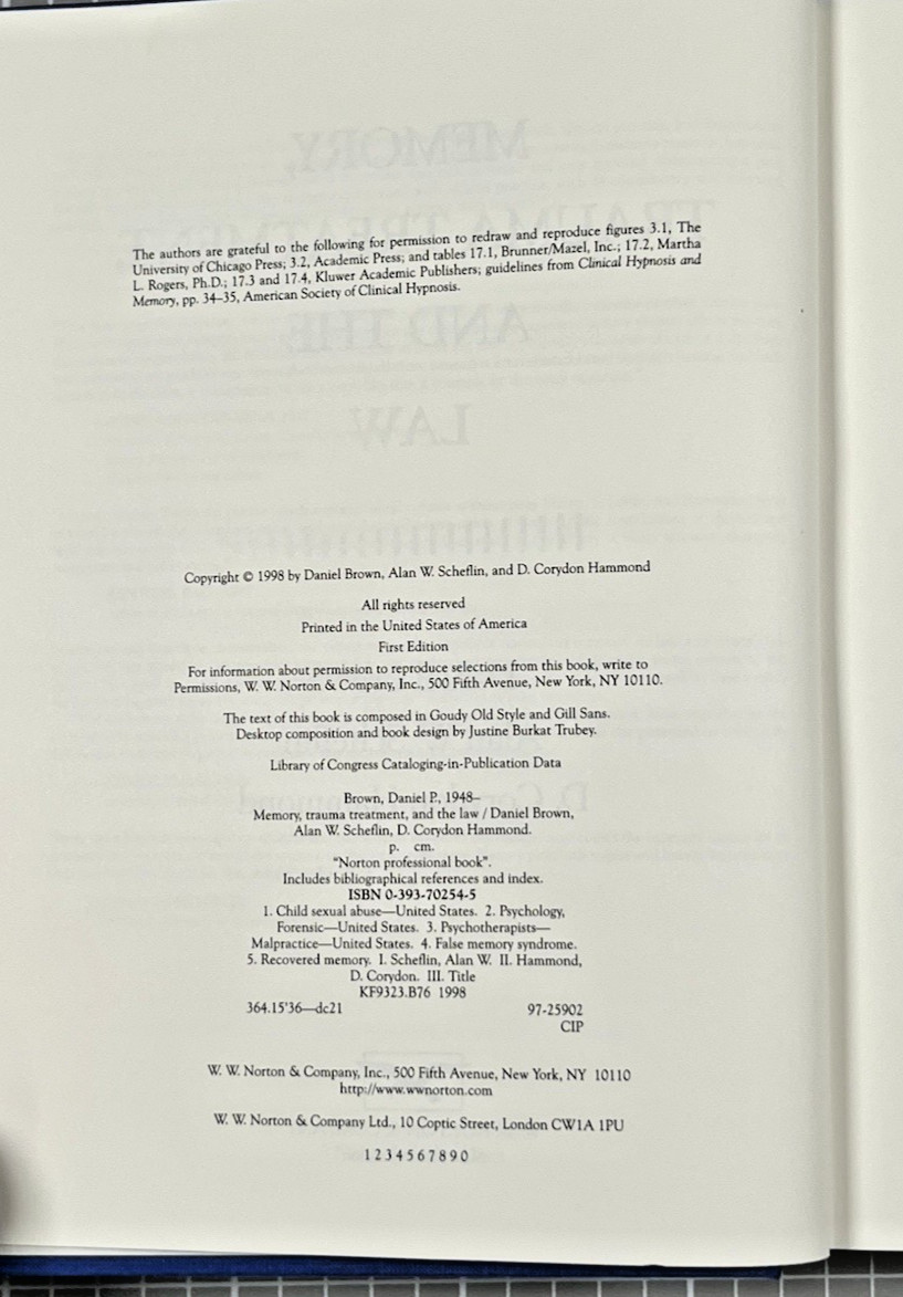 Memory, Trauma Treatment, and the Law. Brown/Scheflin/Hammond 1998 1st Ed. VGOOD