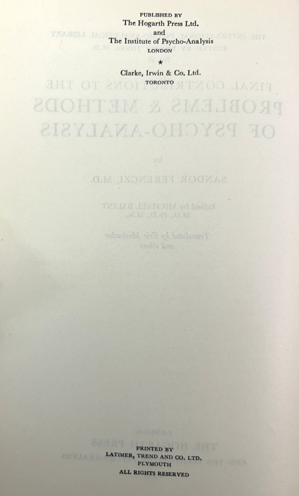 Problems & Methods of Psycho-Analysis by Sandor Ferenczi, MD 1955 Hardcover