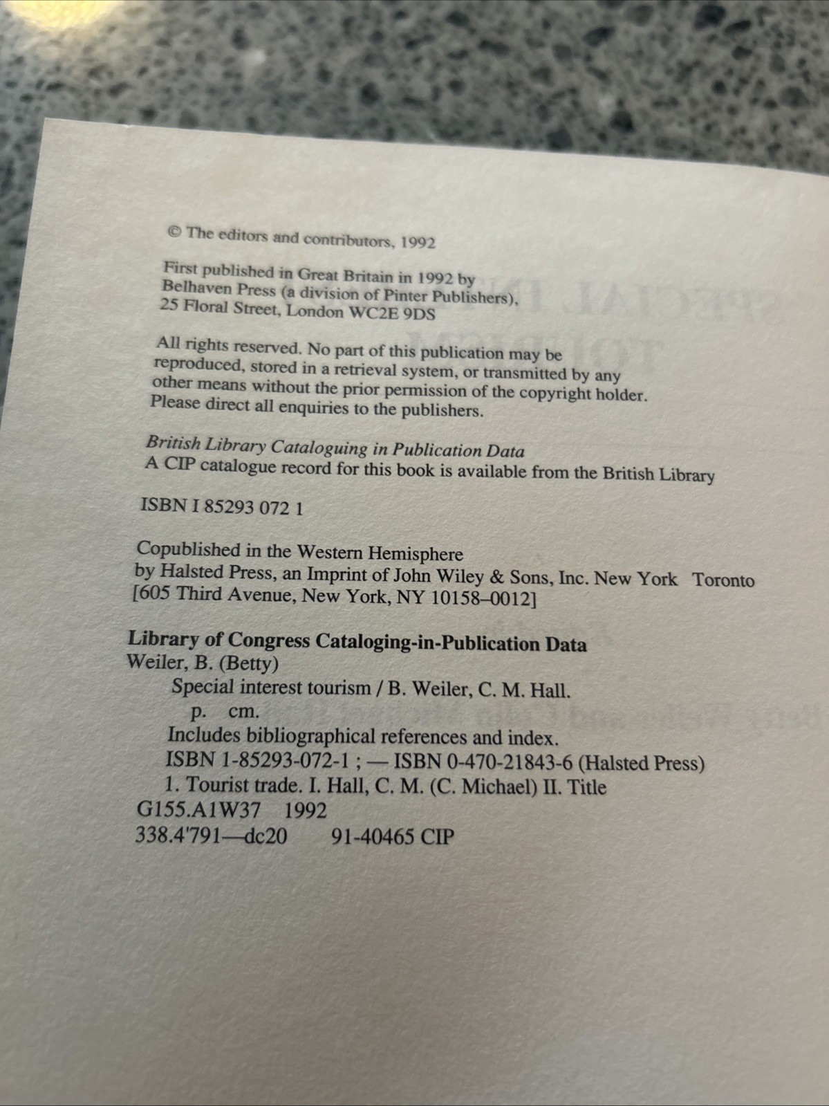 1st ed. Special-Interest Tourism By B. Weiler,Colin Michael Hall 1992 HC