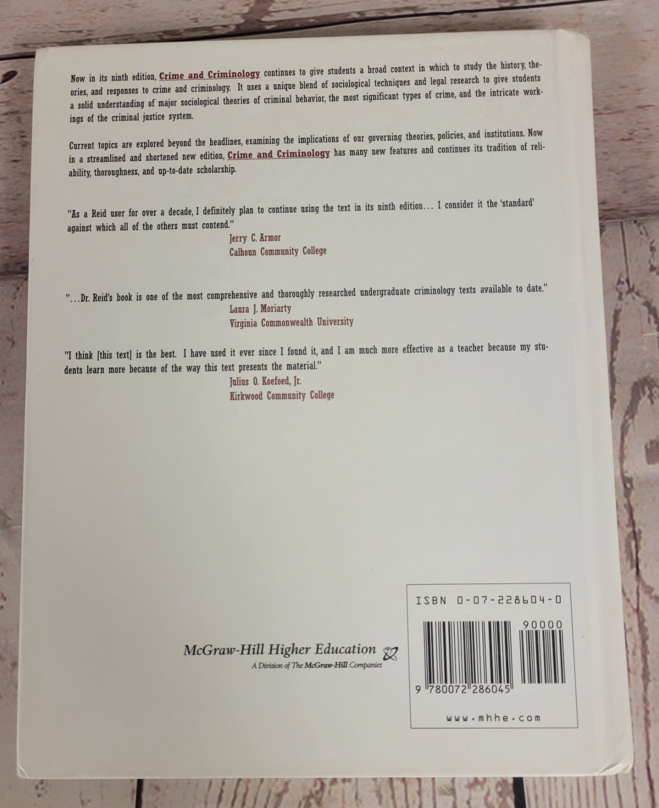 Crime and Criminology – Hardcover By Sue Titus Reid Book Study History Theories