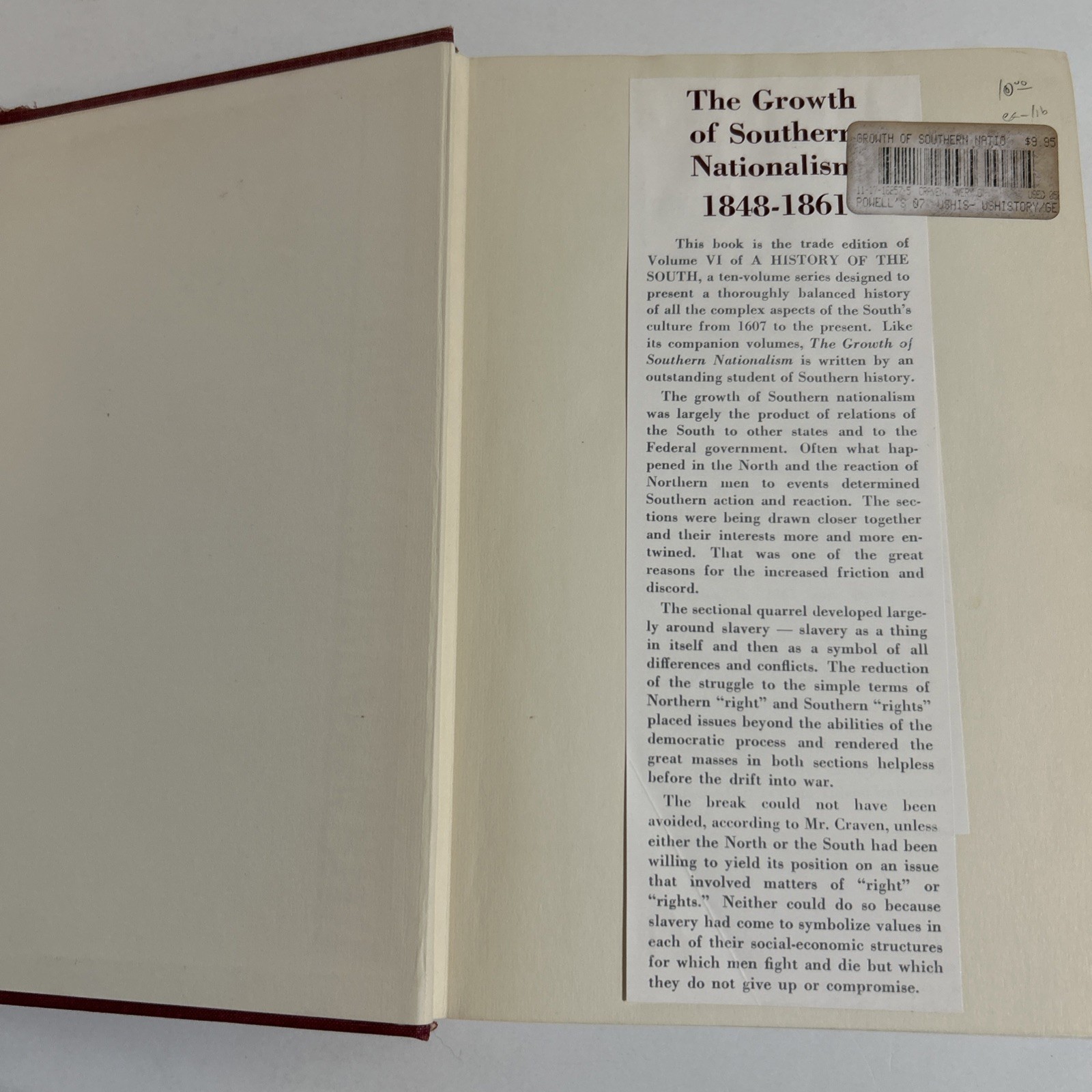 Growth of Southern Nationalism, 1848-1861 Vol. 6 Avery O. Craven HB 1964 No DJ