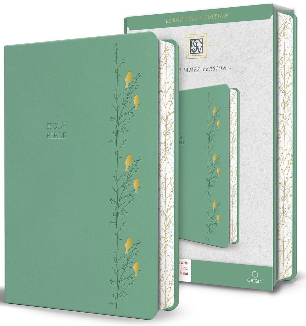 KJV Holy Bible, Large Print Medium Format, Green with Birds Faux Leather w/ Ribb